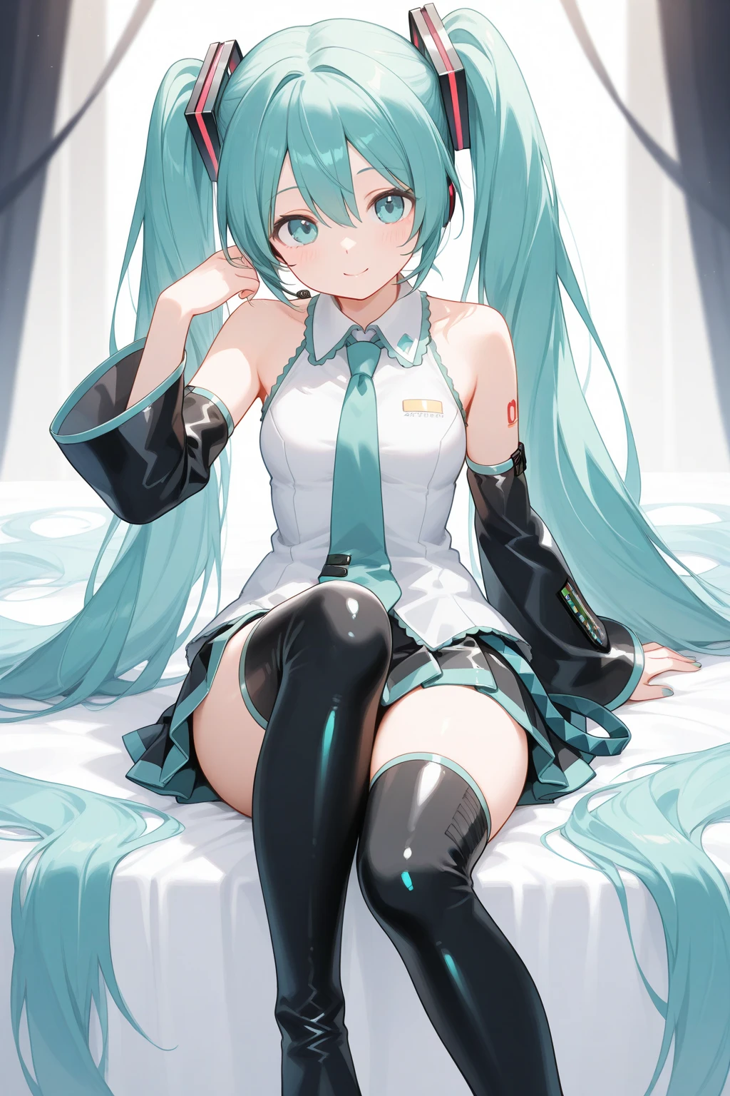 (One lady)、(masterpiece)、(best qualtiy)、(ultra-detailliert)、(a high chroma)、(CG Illustration)、highcontrast、((low angles))、VOCALOID、((miku hatsune))、(Black stockings)、((white panties、))、(Fine and beautiful eyes)、Delicate beautiful face、((dishevled hair))、((B cup breasts))、((teats))、The best lighting、spread legswide、Float inside、simple background