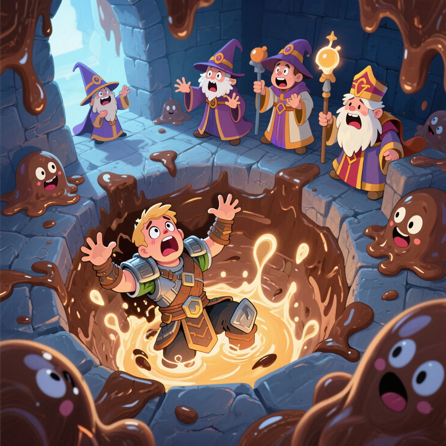 Fantasy, High Fantasy, RPG, Magical Wizardry, A blue robbed wizard blows up a bathroom with a slime spell as small crowd of concerned brown goblins run away through the door, candelabras, moody lighting, serious faces, toilets visible, toilets flooding, green magic, chaotic spell, slimey