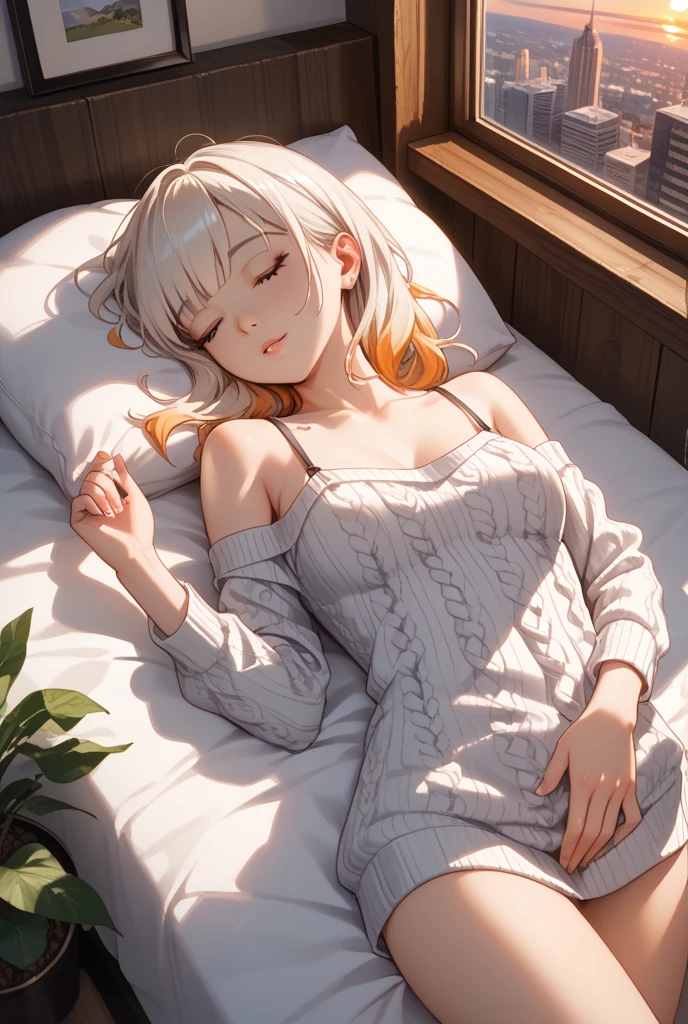 Photorealistic:1.5, Beautiful woman, hairstyle that bounces outward, (medium hair:1.5), (platinum blond hair:1.5), (platinum blond colored eyelash:1.5), (parted bangs:1.5), (amber color eyes:1.5), (sleepy face:1.5), blush:1.2, (tilt one's head:1.5), (hairpin:1.3), (masterpiece:1.3), (best quality:1.3), high-resolution, Head-on angle, Body facing forward, solo, beautiful detailed eyes, mid day, (((best quality, textile shading, ultra detailed))), extremely detailed CG unity 8k wallpaper, Highly Detailed beautiful and aesthetic, high resolution, detailed, dramatic lighting, 1Character, soft, gentle colors, (small breast:1.5), (white camisole:1.5), (super long hem summer cardigan:1.5), (skinny:1.5), blur background, downtown:1.5, squatting:1.2, armpit:1.5, 