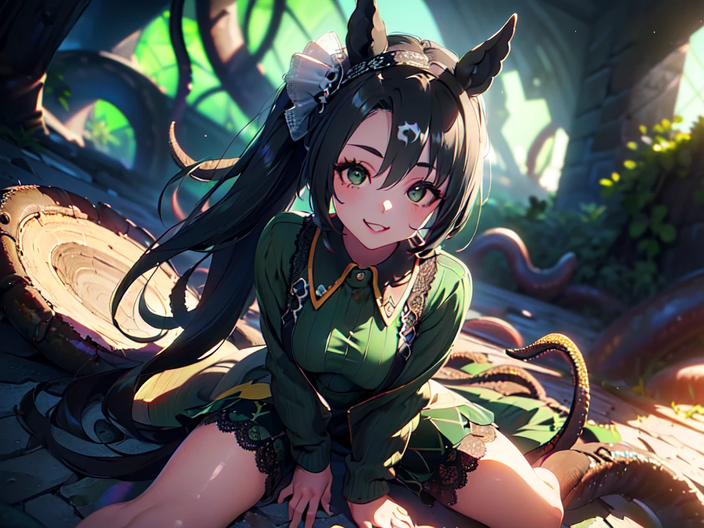 1 girl , black fur, green eyes, with a pretty dress ,Black and green long ponytail、Cat ear