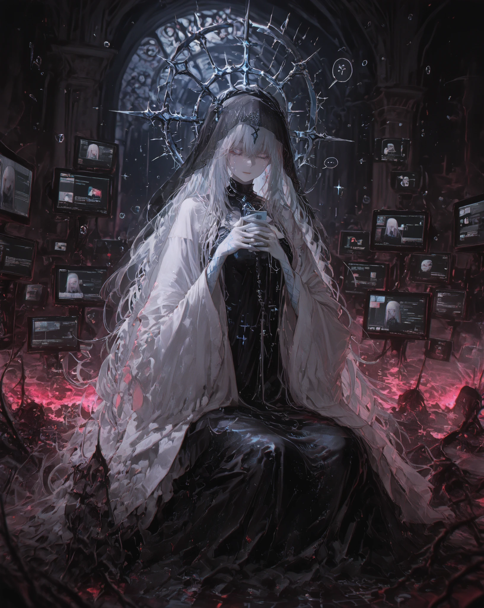  Masterpiece, ultra detailed, 4K resolution, cinematic soft lighting, emotional atmosphere, ethereal mood, still and haunting composition. A tall cybernetic priestess stands in silent stillness at the center of a vast digital cathedral. Her presence feels sacred and distant. Her pale skin glows softly, almost translucent, and her long hair — formed of braided USB and data cables — drapes gently like strands of forgotten connections. Her gown is composed of silent, flickering screens: smartphone and monitor displays frozen in glitch and static, like memories trapped in glass. Her arms, delicate and porcelain-like, hang at her sides with subtle grace, veins of faint circuitry glowing beneath the surface. A metallic crown of thorns hovers gently across her eyes, not as punishment, but as a solemn veil — her expression serene and mournful beneath it. From her covered gaze, soft binary tears stream down her cheeks, glowing faintly — not in pain, but in profound sorrow and understanding. Around her, a quiet circle of digital believers kneels in reverence. Each face is lit only by the cold glow of the devices they hold in prayer. Their eyes are pixelated, blurred by overexposure, their devotion silent but absolute. No words are spoken, only a shared longing — a need for connection, meaning, and digital salvation. The air shimmers with falling fragments of code, like sacred ash or divine data rain. The entire space radiates with quiet awe, grief, and transcendence — the stillness of worship in a forgotten world 