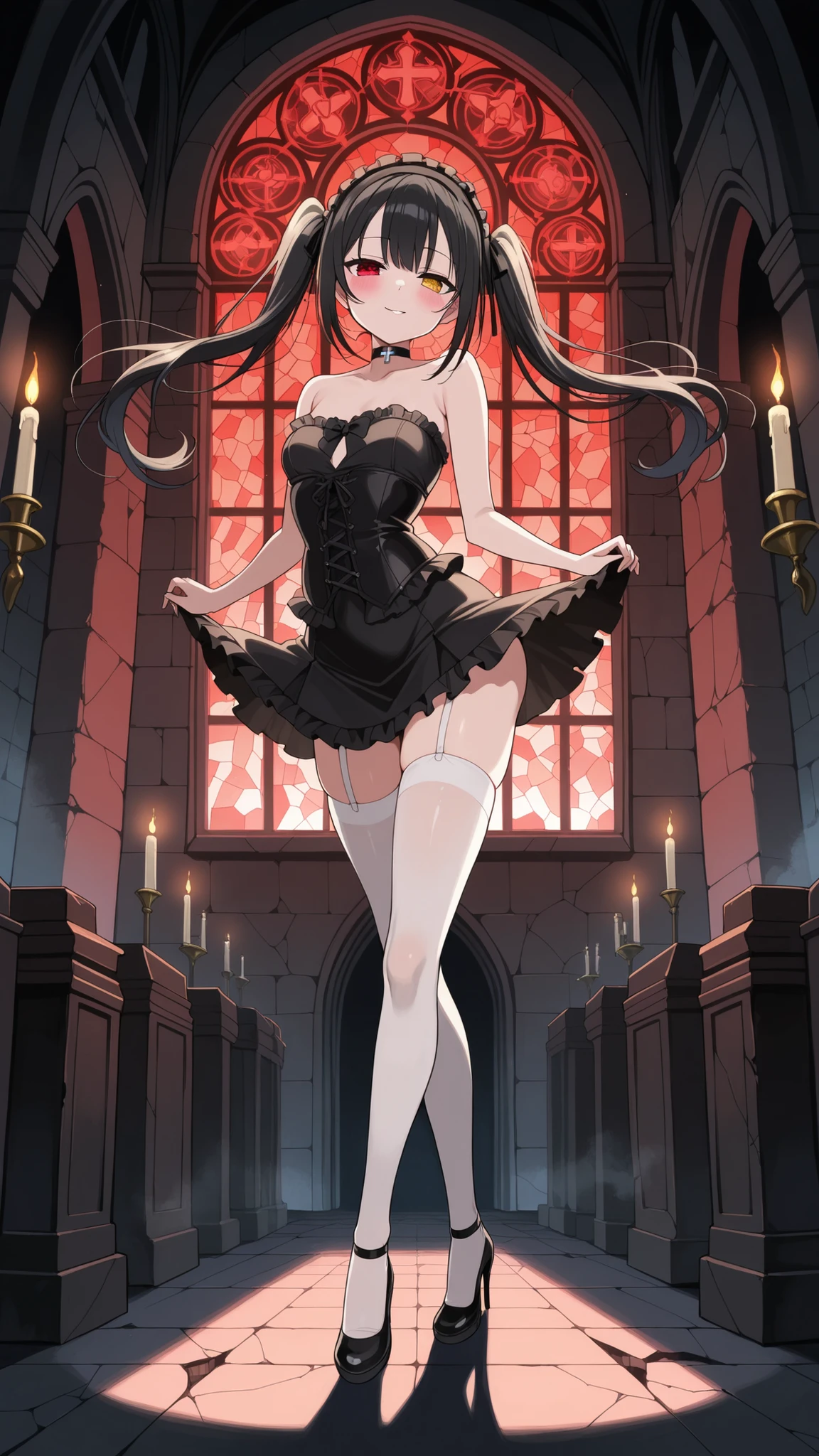 BREAK (masterpiece:1.2), best quality, high resolution, unity 8k wallpaper, (illustration:0.8), (beautiful detailed eyes:1.6),dark gothic church interior, dim lighting, eerie atmosphere, high vaulted ceilings, flickering candles, shadows creeping along the stone walls, broken stained glass windows, abandoned and mysterious, medieval architecture, baroque elements, ambient fog, 4K, dramatic light and shadow play,kurumi tokisaki, long hair, black hair, red eyes, twintails, yellow eyes, hairband, heterochromia,bare shoulders, collarbone, choker, bowtie, corset,frills,sexy nun uniform,short uniform,white stockings,raised hips,blush, seductive expression,floating hair,looking at viewer,arched back,high heels,wide-angel,red lights,standing in middle,cross legs,