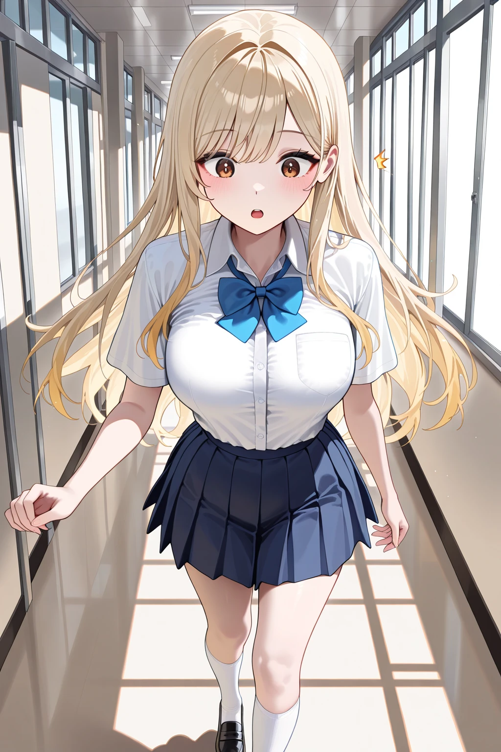 masterpiece,highest quality,High resolution,Anime Style,(One high school girl:1.2), (((A plain white polo shirt), Blue checkered pleated skirt), (White sneakers), White socks, White panties),(Smiling with some teeth showing:1.3),(hairs color light pink, Wavy mid-length hair, Gal Makeup, Eyelash extensions, Make your eyelashes thinner and longer:1.3), (Panty shot, The subject is seen by the viewer from below:1.2), (clothing that fits:1.1), (School corridor:1.3)