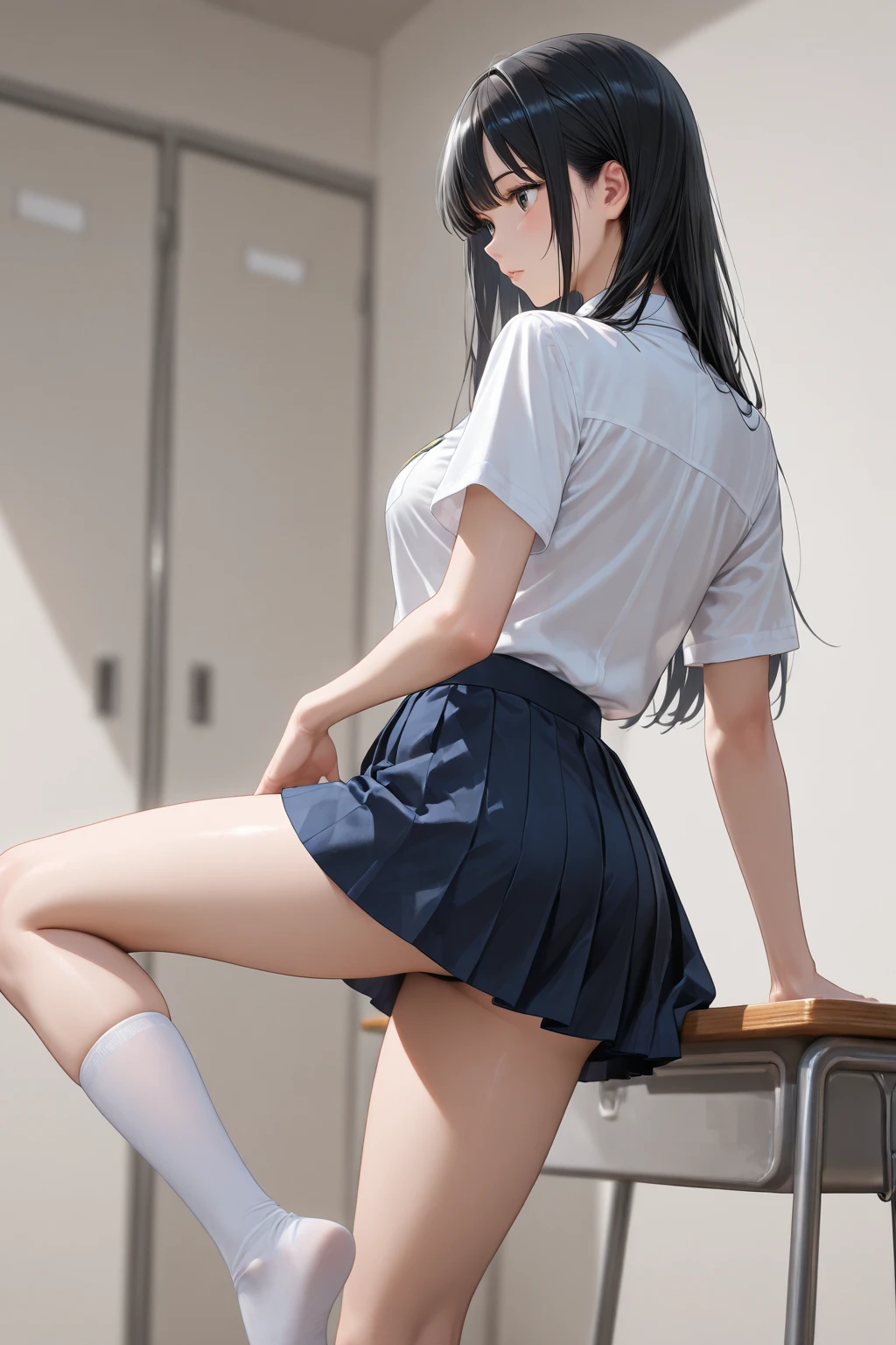 ((in 8K)), ((Raw photo)), ((best qualtiy)), High-definition raw color photos, professional photograpy, (Realistic:1.37), (photographrealistic:1.37), ((best qualtiy)), 18-year-old woman, (finerly detailed face:1.2), (best qualtiy:1.2), Retrospective Shots、from the rear, low angles, from behind, Cinematic lighting, Perfect Style, Beautiful face, acurate, Anatomically correct, Highly detailed face and skin texture,
(Skirt lift:1.4), Loose and wrinkled pink lace panties, Exposed cleavage、Leaked sperm、Sperm taken、cum shots、
red blush、humiliated、impatience、dismay、Frightened、glares、is crying、embarrassed from、Stockings、18year old、Neat and clean woman、1 persons、
(High School Girl Uniform Details:1.5),full of sweat、Long blue hair、Purple eyes,