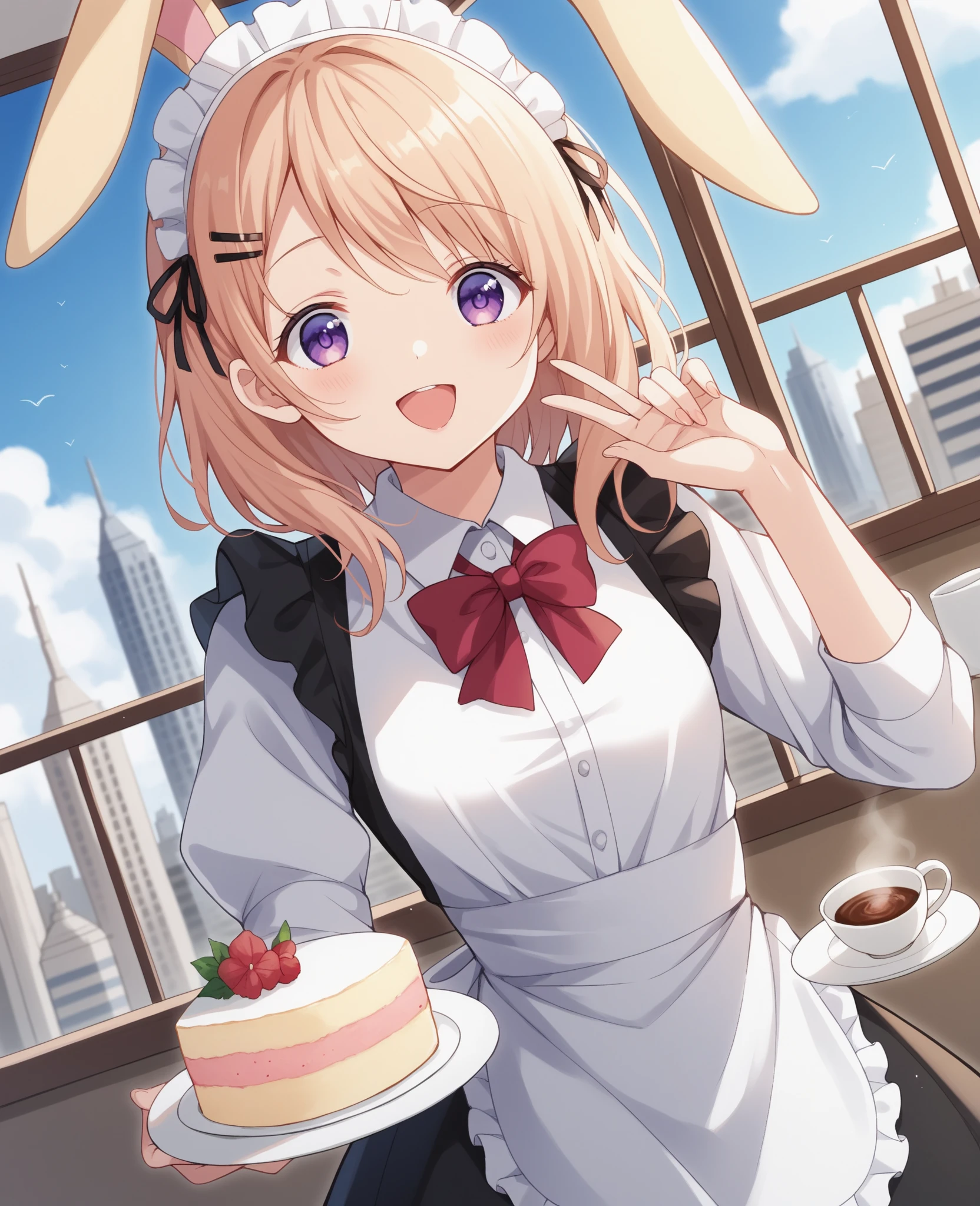 masterpiece, best quality, solo, 1girl, chisato nishikigi, looking at viewer, light smile, closed mouth, blush, embarrassed, medium breasts, playboy bunny, rabbit ears, black pantyhose, red bowtie, wrist cuffs, black leotard, holding tray, cake, cafe, coffee, standing, cafe shop, full body