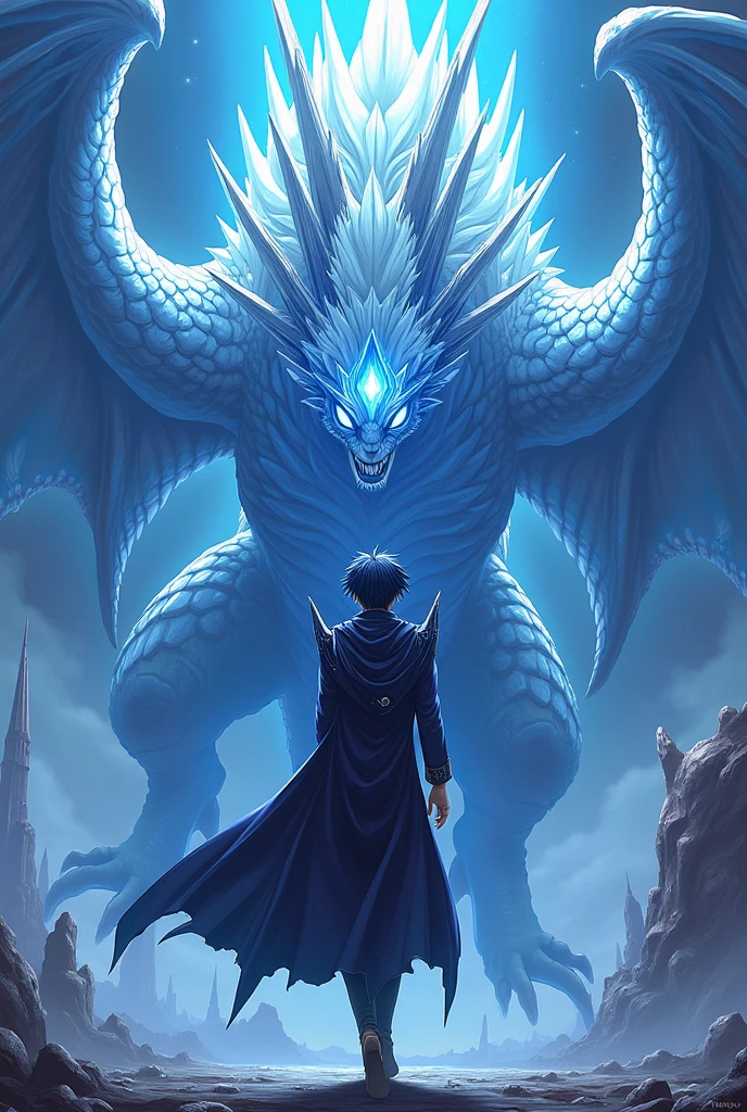 The image is anime style with shadows and dim lights, anime style although somewhat adult and dark, It shows a young male of the demon race.: Lamia, approximately 20 years old, blue skin, who wears light chain mail armor, has medium length hair, tied in a short tail. His skin is blue. He is opening his arms, Behind him, A huge ice dragon stands.