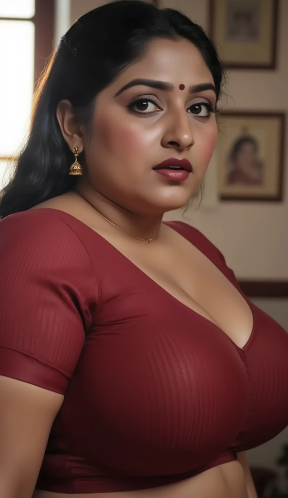Indian woman masterpiece, best quality, ultra-detailed, (warm hue, warm tone: 1.2), wearing minimizer bra , 20 years old, (((big tits1.8))),((Huge breasts 1.6)),(((Plump body 1.8))), (Indian instagram photo, Wearing hook blouse closeup face photo of 23 y.o Chloe in kebaya, Red Lipstick, sensual Lipstick, Sensational Make Up, huge cleavage, huge breasts pale skin, (smile:0.4), hard shadows, White G-STRING, bright lighting