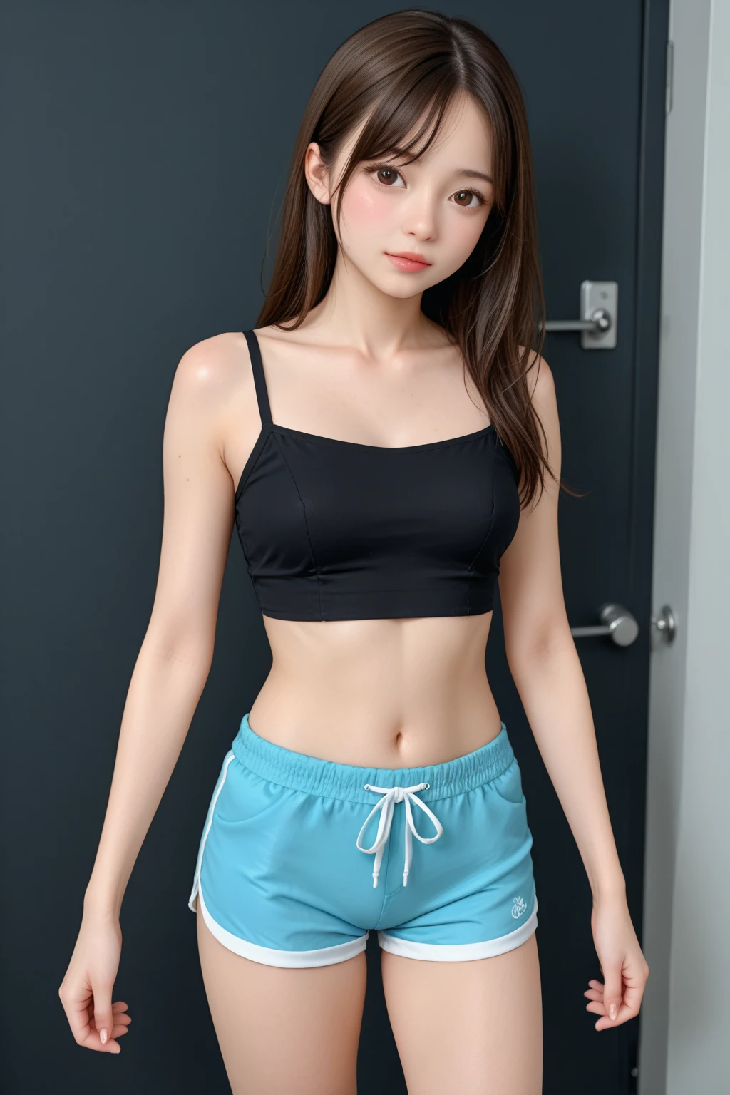 (masterpiece, highest quality:1.4), Award-winning portraits, 8k, 85mm, alone, Beautiful Face, Delicate girl, (On the grass), Sophisticated, cute, 15 years old, RAW Photos, Confused, High resolution, Sharp focus, Background blur、(((Flat 、thin and delicate body、Childish atmosphere)))、shiny semi-long hair、ponytail、Small mole on the left cheek、 Dark brown eyes、Hair swaying in the wind、sexy、Flexible legs、Simple gym clothes without text、Run、Jump