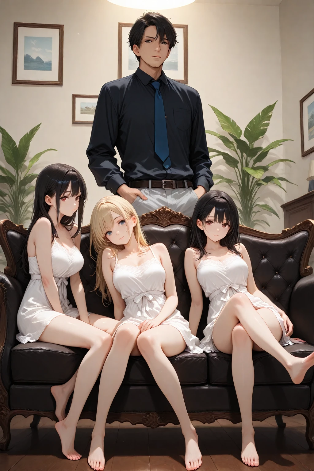 (8K, Best Quality, lingerie, Ultra High Resolution) 3 People, Woman with 2 children sons, Woman has dark hair, oldest son has white hair, youngest baby son has black hair