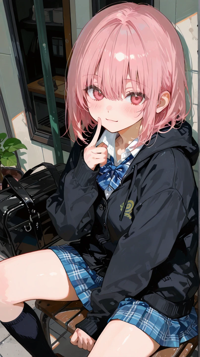 Masterpiece to the smallest detail、top-quality、girl with、17 age、独奏、Looks like a 12-year-old、150cm petite beautiful girl、small tits、a baby face、red hairs、The Perfect Five Fingers、Gradient Bob Forward、Pink and purple mesh、red eyes、Red Eyes、tall, Big eyes、Outstanding looks、A lovely child、proximity、Closed_Mouth、A smile、red blush、full of shyness、blue headwear、Hats、pink bowtie、校服、 Blue jacket、jaket、skirt by the、Gray skirt shirt、white  shirt、an legs、Black socks、sitting on、‎Classroom、hair_ornament detached、up looking_で_viewer、beatiful detailed eyes、Akame、Striped panties、((Panties in full view)) lift up one's skirt、Professional effects、