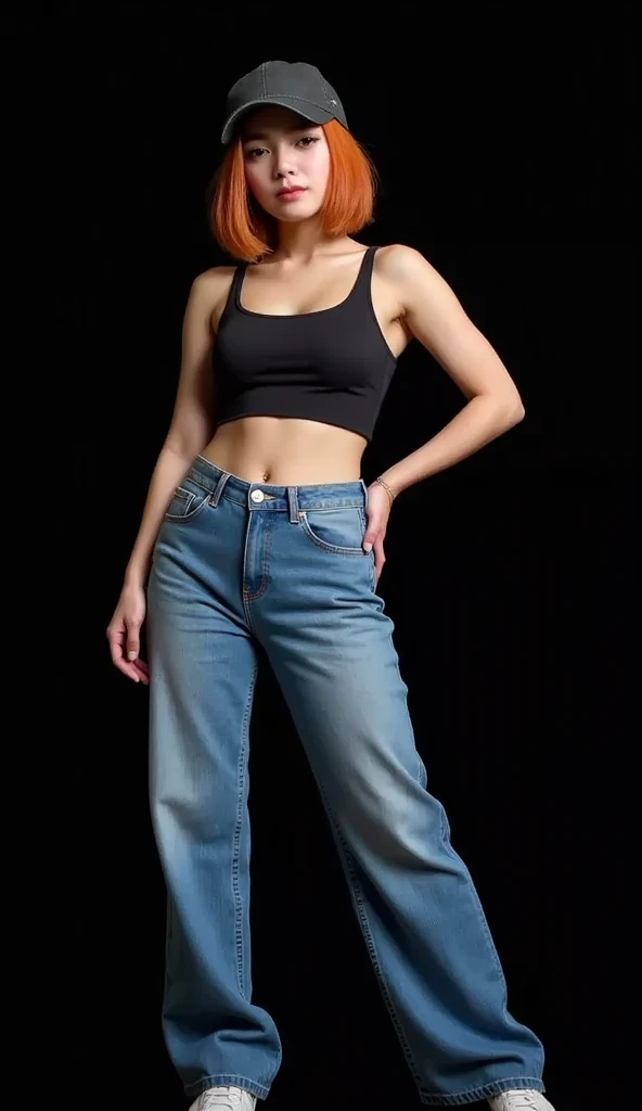 (RAW shooting, Photoreal:1.5, 8k, highest quality, masterpiece, ultra high resolution), perfect dynamic composition:1.2, Highly detailed skin and facial textures:1.2,beautiful and aesthetic:1.2, sexy beauty, perfect style, belief, Strong-willed, revenge, Fair skin, very beautiful face, (large breast:1.8, Chest gap:1.8), (beautiful eyes)(1girl, tall, long legs, navel:1.2, makeup:1.2, single braid, thicc tight:1.4, red color tank top,sleeveless,belt:2,red color jeans:2,plunging neckline:2),(simple background:1),(knees together),(full body photo:2),