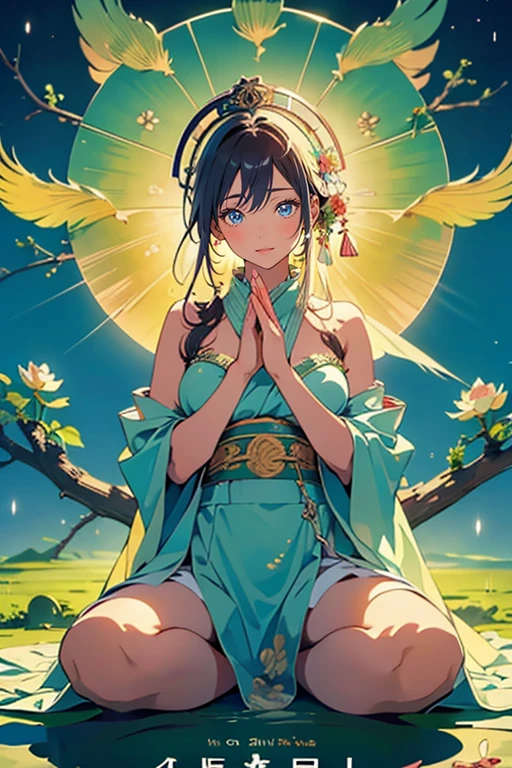 ((Top Quality)), ((Excellent)), (Detailed), ((Kannon Bodhisattva)), ((Japanese God of Saving Souls)), ((Paradise)), ((Nice Hands)), ((Perfect Hands)), Goddess, Full Body, Sunrise, Ultra-Realistic, Stunning Environment, Bright Colors, Shiny Hair, Blunt Bangs, ((Topless)), ((Half Body Gold Robe)), ((Golden Loincloth)), ((Halo)), ((Eyes Closed)), ((Nice Hands)), ((Perfect Hands)), ((Five Fingers)),((Lotus Flower)),lotus position,((Paradise)),