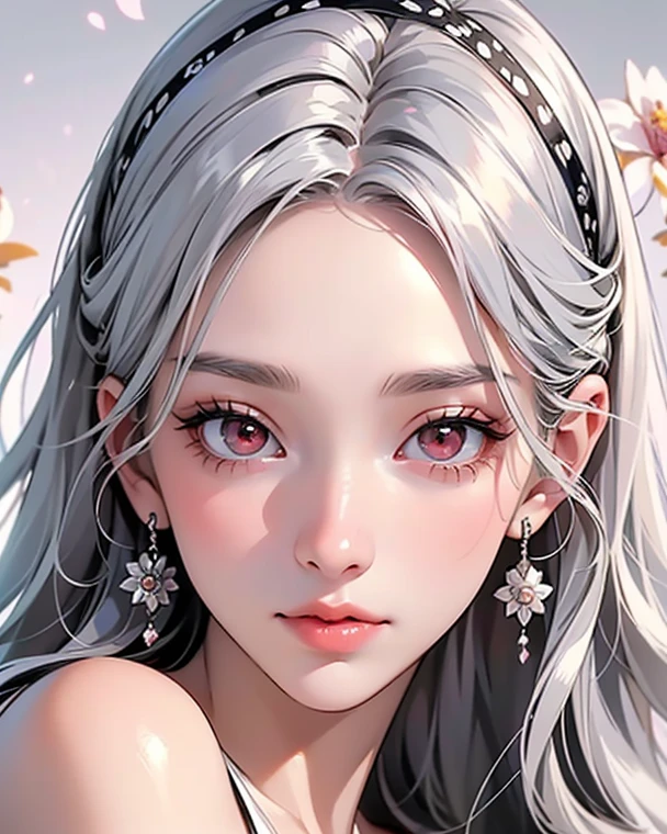 ((best quality)), ((masterpiece)), (detailed), perfect face. Asian girl. White hair. Pink eyes. Topless. Medium breast. Bottomless. Vagina.