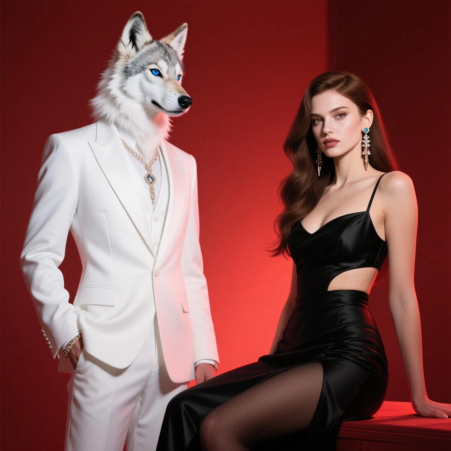 a wolf animatronic from the 80s, He is muscular and only wears a purple tie,He doesn't have a shirt,He is only wearing black pants, is standing in a pizzeria/nightclub, has red eyes.
Next to him is a wolf animatronic (femboy) White, with beach shorts on, winking while smiling, and caressed the cheek of the other animatronic, The only thing she wears is a white pearl necklace.