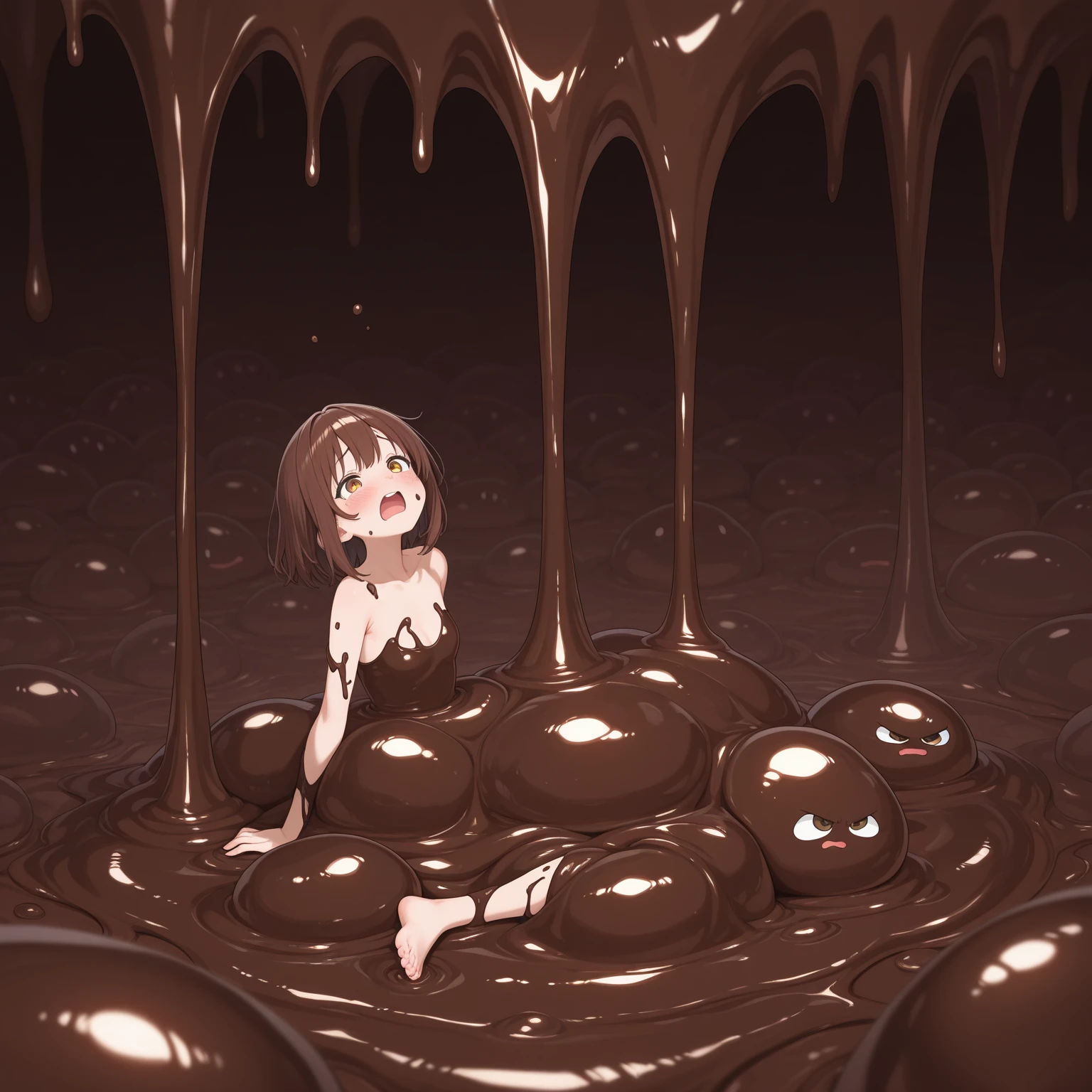 (masterpiece), (best quality), extremely delicate and beautiful, illustration, intricate details, chromatic aberration
1girl, red highlights, messy hair,
(slime girl: 1.3), slime \(substance\), black skin, (black hair: 1.2), sitting, inside, looking at the viewer, smiles, (((translucent skin, transparent, tarantamente skin,))),without clothes,