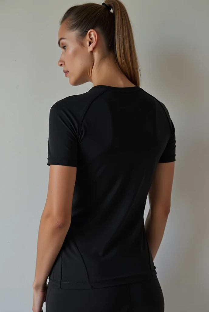a woman in a black shirt and black pants stands with her back to the camera, vista traseira, Vista traseira also, Vista traseira, camisa apertada, vestindo roupas simples e justas, wearing camisa apertada, close-up from behind, back view, vestindo camiseta preta, fotografado de costas, view from behind, 3 / 4 Vista traseira, roupas pretas justas