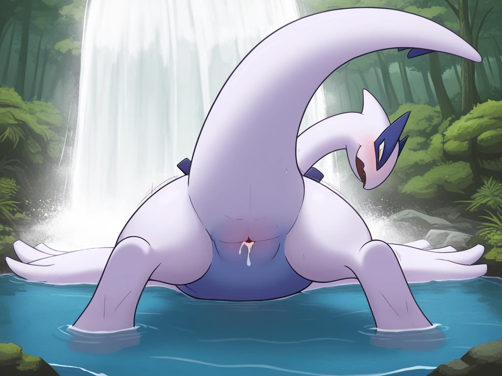 Masterpiece, hi res, beautiful lighting, wide hips,((massive))thighs,((massive)) ass,((femboy)), lake background, looking at viewer seductively, genitalia bulge, thong, by ASaneMan, full body, standing,((grey silver fish))
