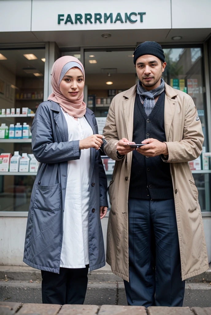 two individuals standing in front of a building with the words “HOSPITALS” emblazoned on its exterior walls. The person on the left appears to have a bald head wearing a black leather jacket, blue jeans and white sneakers, while holding a helmet. The individual to the right of the valak wears a long black robe with a head covering. The two are shaking hands. There were fallen leaves on the ground, indicating that it might be autumn.