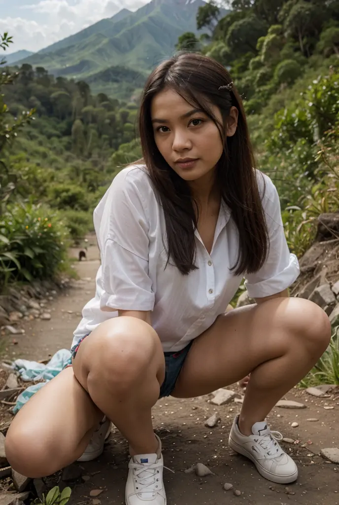 Photo,realustic,hiper detail,kualitas tinggi,ultra hd,8k, seorang wanita cantik muda indonesia rambut indah di ikat tubuh montok mulus tinggi ,memakai kaos putih ,jaket bomber marun,celana pendek keta, sepatu sncker putih . Bediri di gunung yang indah