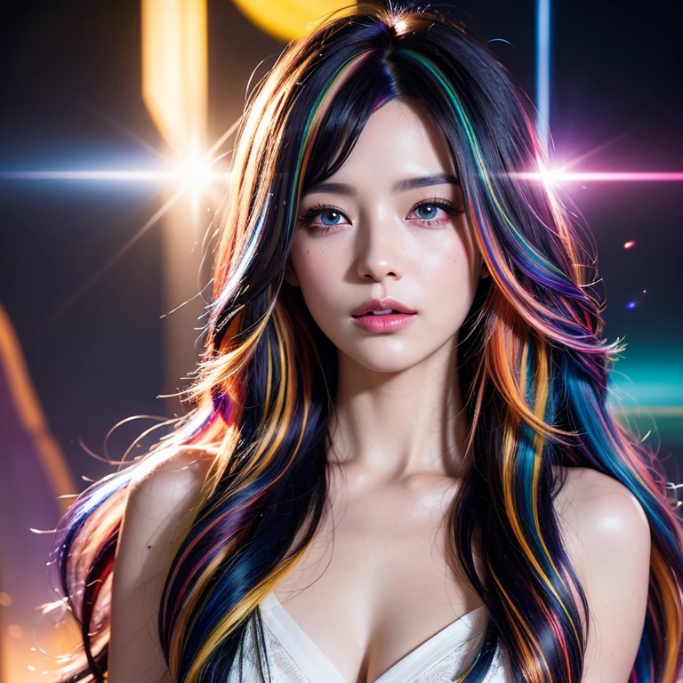arafa woman (Asian African American))with rainbow long hair and a cyberpunk neon tank top, portrait, She has a pretty face, webcam images, neckline, to hide, sexy look at the camera, Photographed on webcam, 4 8 0p, 480p, Your chest, she is in front of the camera, Beautiful woman, disco background, RGB, LED lighting for parties
