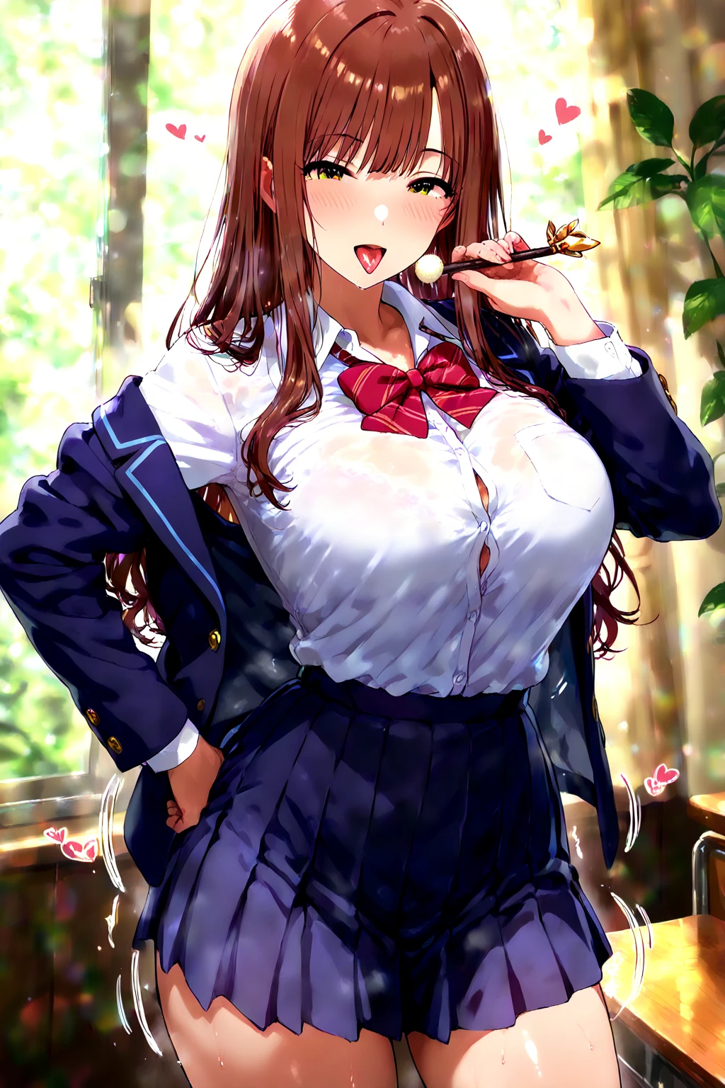 ((masutepiece, best quality, hight resolution, ticker, Perfect Pixel, Depth of the bounds written, In 4K, ticker, ticker))), 1girl in, Single, Solo, Beautiful anime girl, Beautiful Art Style, Anime Character, ((Long hair, Bangs, Brown hair)), ((green eyes:1.4, rounded eyes, Beautiful eyelashes, Realistic eyes)), ((Detailed face, Blushing:1.2)), ((Smooth texture:0.75, Realistic texture:0.65, Photorealistic:1.1, Anime CG style)), ((cleavage, busty)), dynamic angle, Perfect body, ((POV, dynamic pose, Portrait)), ((White sweater, Long sleeve, Black skirt, plaid skirts, Fashionable, 1 handbag, 1 Diamond Necklace, Visible bra:0.95)), shy smile, Open mouth, amusement park, ((The cherry tree, Cherry blossoms fall))