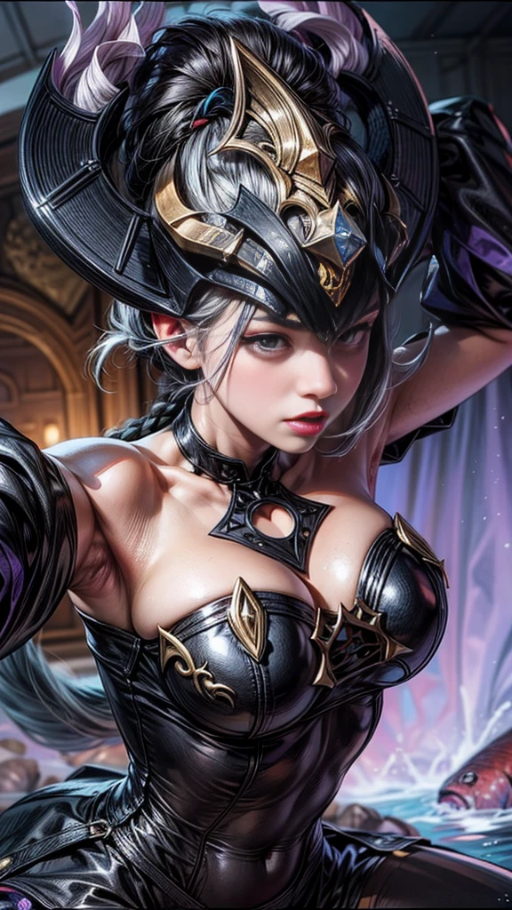 Full body, gray hair, (Dragoon: 1.2), Brantovan, masterpiece, top quality, official art, very elaborate CG Unity 8K wallpaper, for girls, ultra high resolution, (photorealistic: 1.4), golden hour lighting, sweater dress, (platinum shorthair: 0.8), (puffy eyes), looking at the viewer, frontal, smile, medium breasts, shirt lift, gloves, short hair