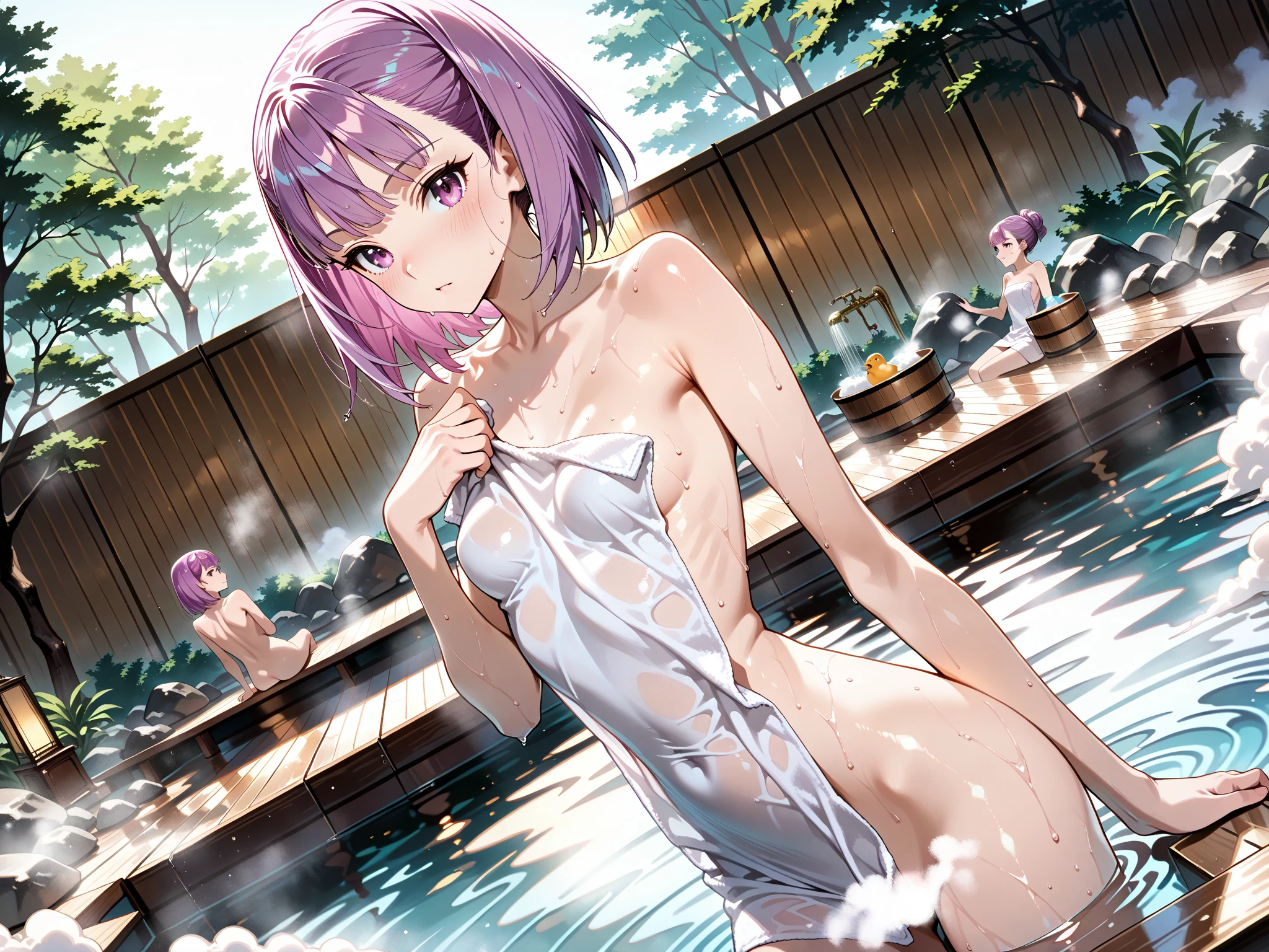 NSFW, (girl),((optimal quality)), ((Masterpiece)), (A detailed: 1.4),face red,perspire,showing niples, fully naked,The ultimate masterpiece,(fidelity:1.2),(sexy),open air bath, (Huge chest), Open crotch, Open legs, (Smooth: 1.1), (Cutes: 0.9), (shiny: 1.1),, slim waist,, red lips, lust face, sakura haruno from naruto anime, cute pose, super small bikini ,g string, big