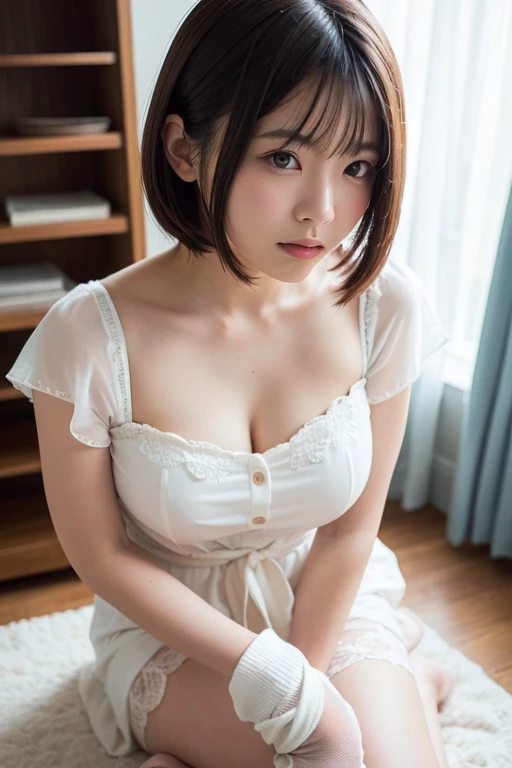 (masterpiece, Best Quality:1.2), 8K, 1 girl, 1 Japanese girl, 85 mm, Official art, Raw photo, Pretty Face, close up, face focus, cute Girl, Cinch waist, beauty thighs, soaking wet, sweat, medium breasts, frilled white apron on naked, frilled maid hairband, large round glasses, lying on bed, in a bedroom, Looking at Viewer, No makeup, (aroused, embarrassed, blush :1.2), Film grain, chromatic abberation, Sharp Focus, face lights, clear lighting, Teen, Detailed face, Bokeh background