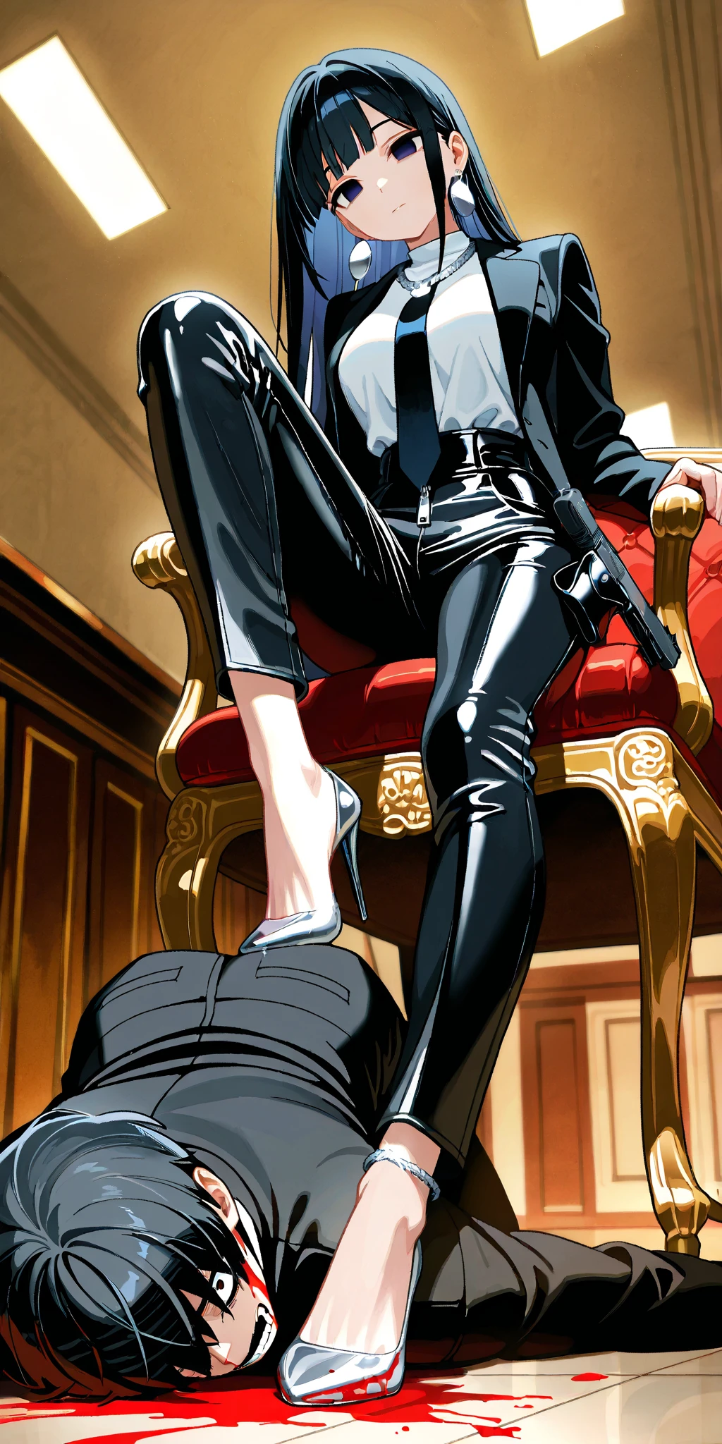 (masterpiece, best quality:1.2),1girl,multiple men,realistic,3d,Unreal Engine 5,skin texture,anatomically correct, comic storyboard,solo,1beautiful girl, long hair,smile,barefoot,girl in lace top,sexy, girl in shiny legging, girl in high heels,cleavage,crossed legs,large breasts, naked male, standing ,trample,cuts,defloration,indoor,couple,femdom,hetero,saliva , mucus,femdom,blood on hands,blood splatter,male,open mouth,trembling, couch,sit,bruise man ,man closed eyes,dark skin man, man cum,bleeding man,man in tight underpants