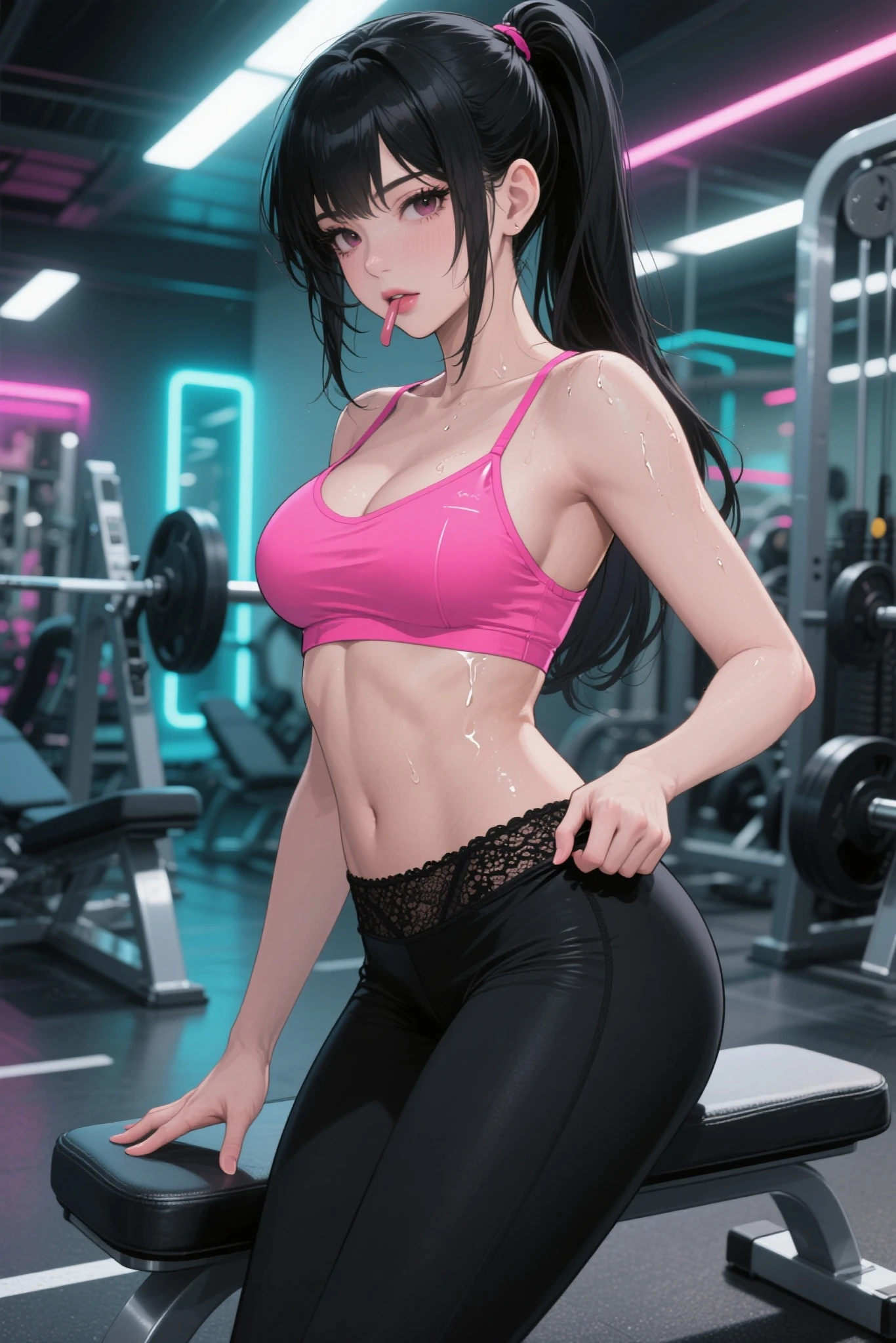 (masterpiece), best quality, nsfw, 1girl, saori_kido, wearing white gym clothes (calvin klein gym top, short gym shorts
Calvin Klein), handsome, huge bust, 18 years old, big expressive eyes, blue eyes, perfect face, most seductive girl imaginable, cute, purple hair, shoulder hip length, wavy hair, voluminous hair, no makeup, happy face, pink lights, tight fitness clothes, short gym clothes,poses,no bra under top, ?????? marking top