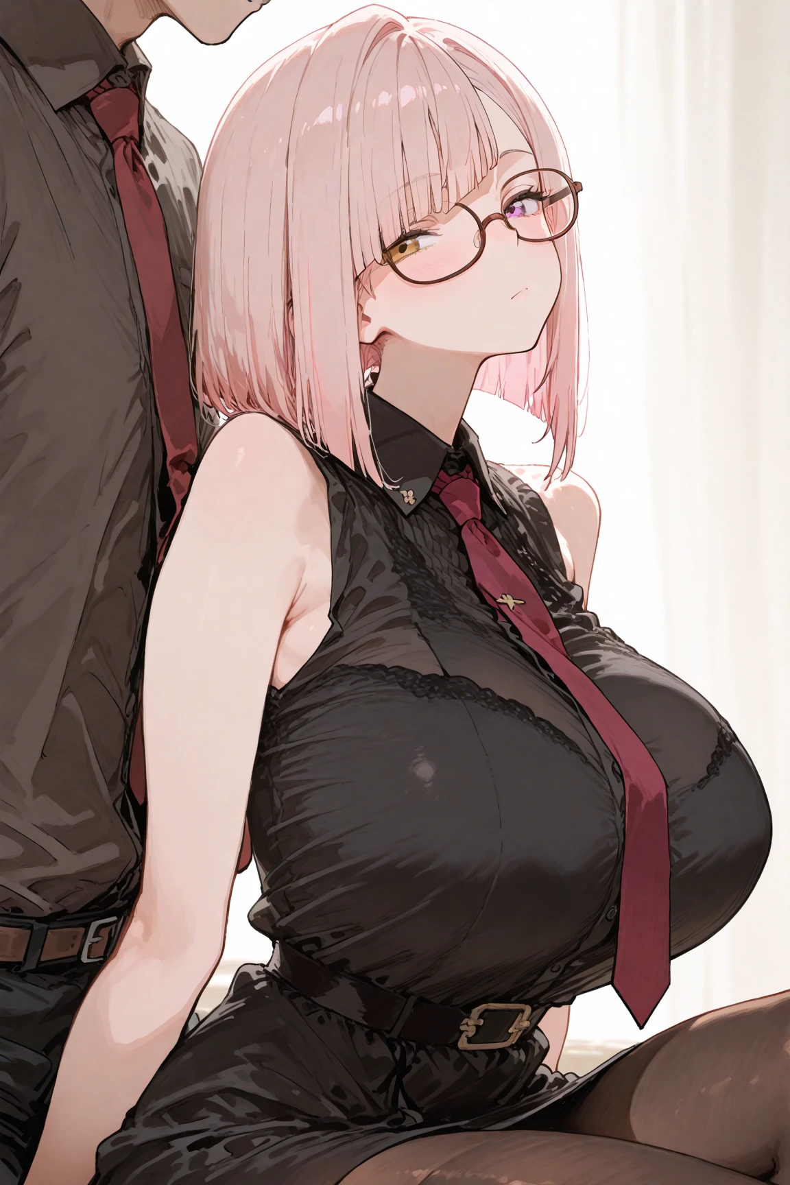 1girl, anime, short hair, pink hair, pink eyes, tight blouse, spaghetti strap, choker, large breasts, cleavage, partially open shirt, tight black spandex shorts, beauty mark, slim waist, glasses, standing, thighhigh socks, outdoors, night time, moonlight, back alley, best quality, thick thighs,