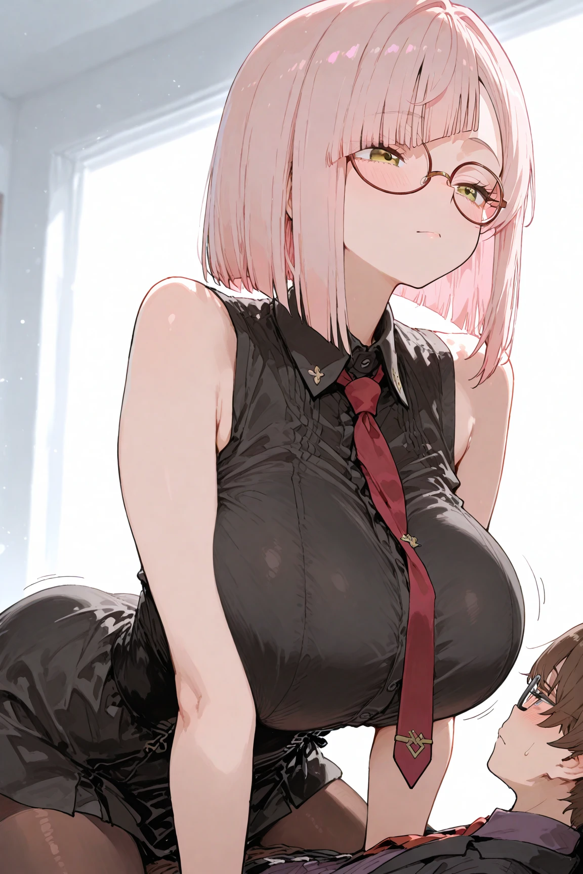 ((pen sketch style)), 1girl, solo, ink, detailed face, puffy lips, ((gothic make up)), ((black lipstick)), twintails, (teacher)), ((masterpiece)),(((best quality))), ((glasses)), ((tsundere)), ((angry)),  ((long hair bangs)),defined cheekbones, high cheekbones, illustration, (gigantic breasts:1.7), ((skindentation)), ((breasts pressed by rope)), scribbles and marks,(puffy lips:1.4) , )beautiful woman, sketch, gigantic breasts, frilled dress, cleavage, seductive smile