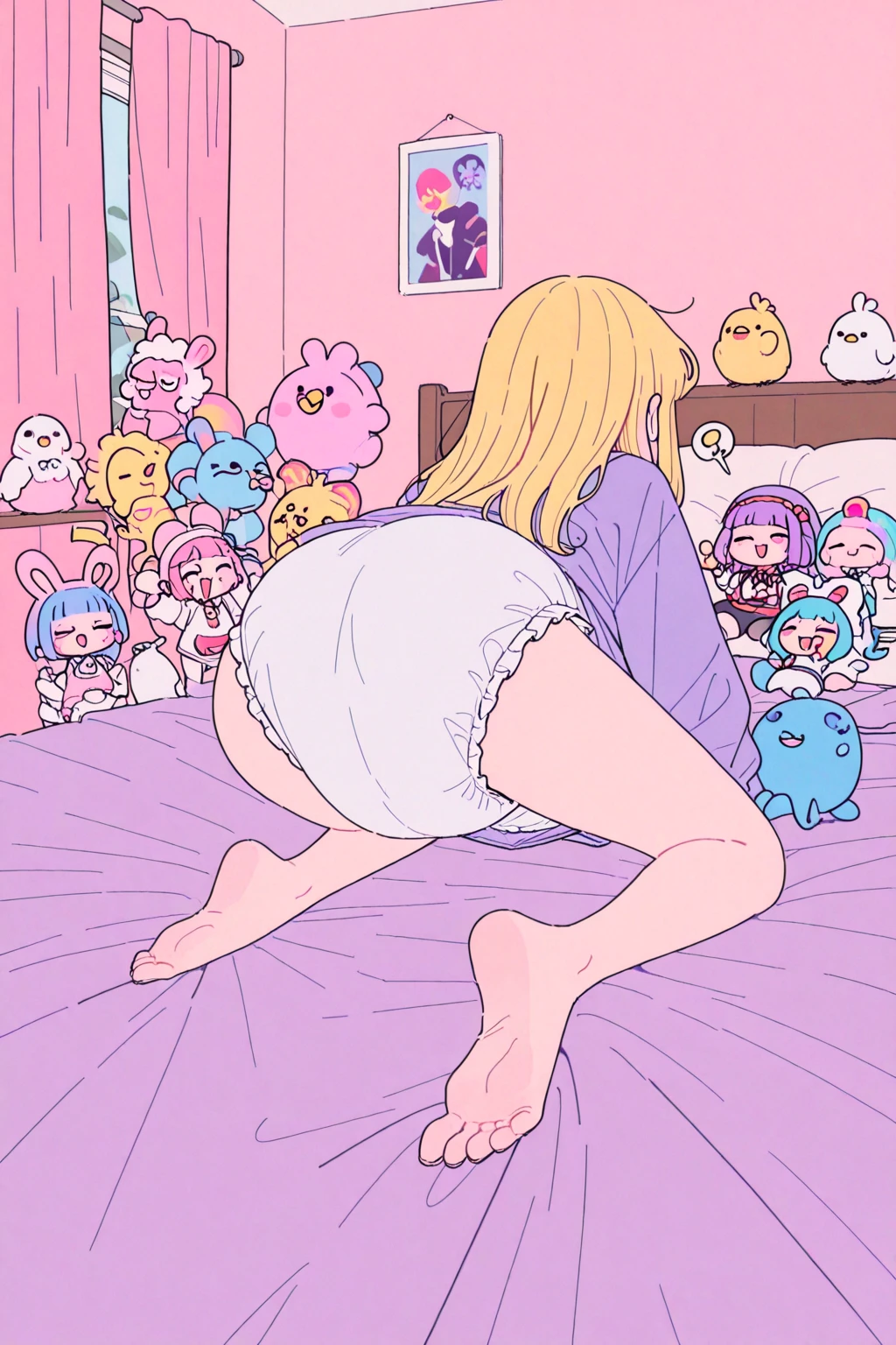 masterpiece、top-quality、girl with、barechested、indirect lighting、turned around ((nsfw)) (full body)) ((slutty shot)), she is arused, having fun with her body, she is wearing only a short skirt (((cotton manga panty))) and school tien in neck, happy, blush, she is in colored cushions, nice ass, ((((colorful /gamer fun room full of items, mangas posters, action figures, colorful lencery, and dildos))))