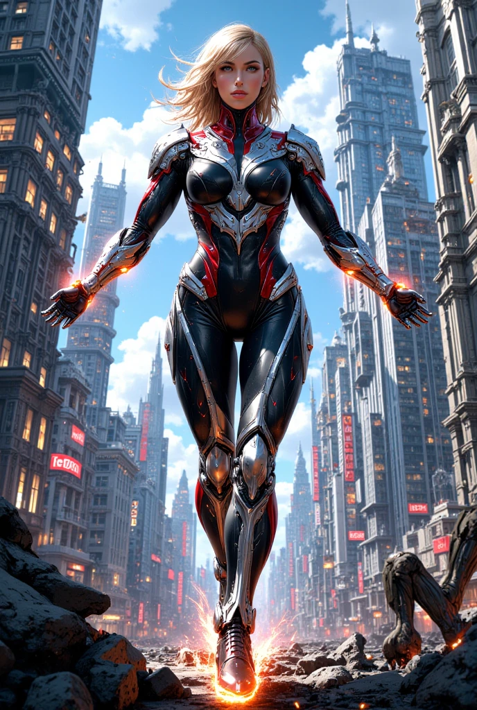 ((Best quality))((realistic))((full body))((face detail))A girl. Short black hair. Venom suit . dark . Marvel . City destruction. fight with robot .