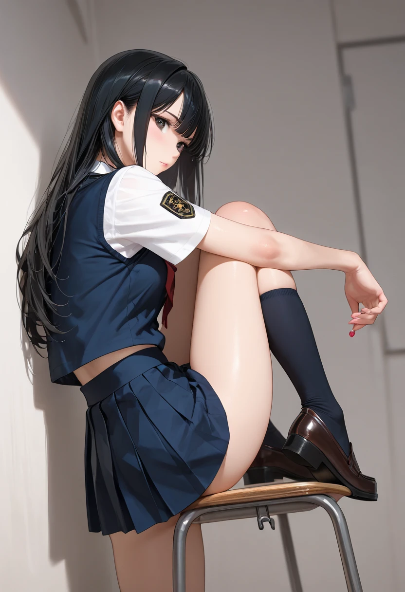 hi-school girl、Surreal Faces、skirt by the、real looking skin、kneeking、90 degree knees、showing off breasts、Touching the crotch、Touching the chest、No panties、Sit up、