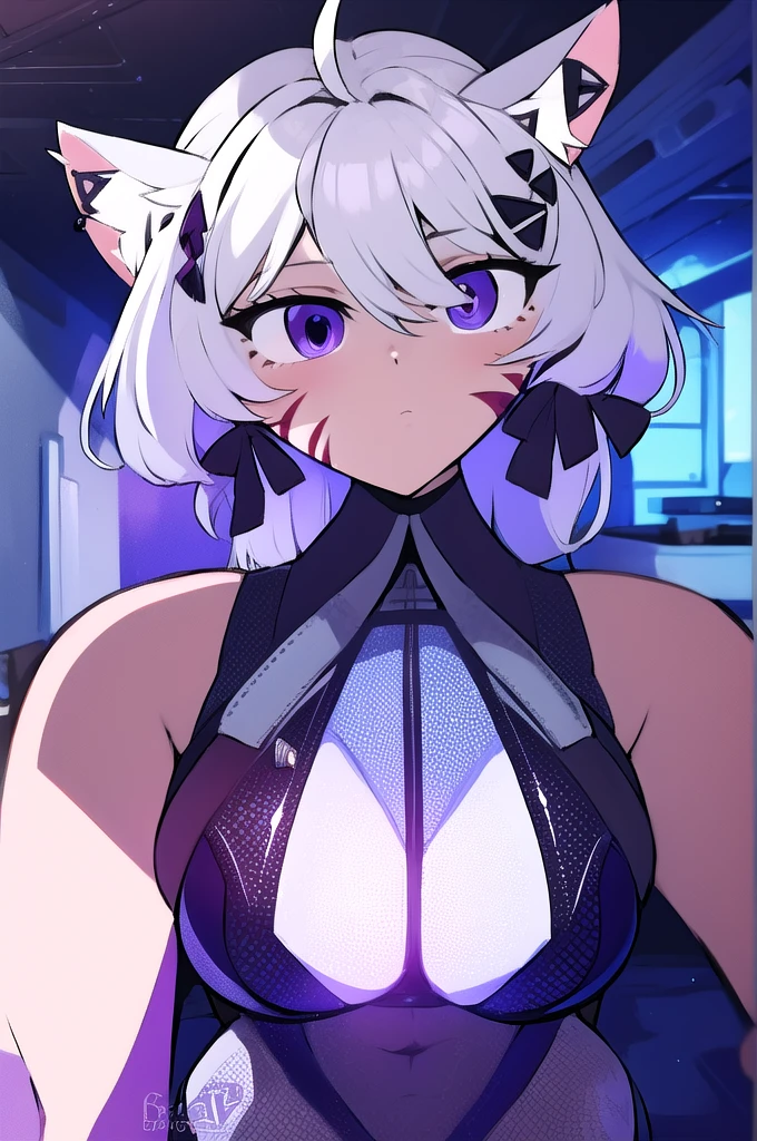 shyreifaolan, <lora:shyreifaolan-lora-nochekaiser:1>,
shyrei faolan, bangs, white hair, hair ornament, animal ears, twintails, (purple eyes:1.1), tail, ahoge, cat ears, cat tail, low twintails, facial mark, cat girl, tail ornament, medium hair,
BREAK gloves, navel, bare shoulders, black gloves, (original outfit:1.5),
BREAK looking at viewer,
BREAK indoors,
BREAK <lora:GoodHands-vanilla:1>, (masterpiece:1.2), best quality, high resolution, unity 8k wallpaper, (illustration:0.8), (beautiful detailed eyes:1.6), extremely detailed face, perfect lighting, extremely detailed CG, (perfect hands, perfect anatomy),
