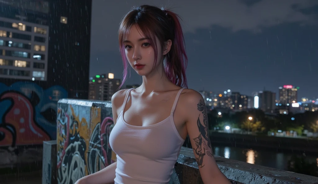 Baby Face, 20 Yearsold, Beautiful, Smallest Breast, Pink Slip Dress, Muscle, Athletic Body, Pink Hair, Armpit, Ultra Realistic Detail, Bokeh, Extremely Lightning, Crowd Street Background, Pose, Twintail, Cleavage, Orgasme Face, Pink Shoes, Tatoo, Hand Tatoo