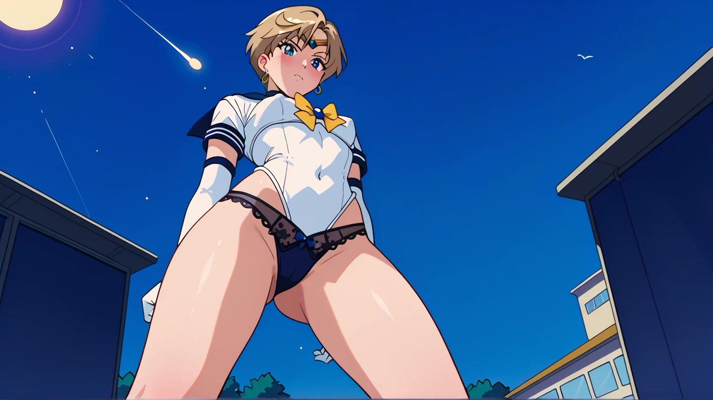 1 girl, light smile, shiny skin, highest quality, table top, (game CG:1.4), NSFW, detailed beautiful face and eyes,big breasts、small area see-through lingerie, sailor venus, I could feel the fight, Severe, cowboy shot、big and full breasts、full moon night、beautiful starry sky、((highest quality)), (Super detailed), very detailed, High resolution raw color photos, professional photography, ((beautiful big breasts)), wonderful face and eyes, (see through panties:1.2)、、big ass、looked back、Close up of cameltoe、Please open your thighs from below. bend your knees Peeing yellow water flowing from the crotch full of sweat