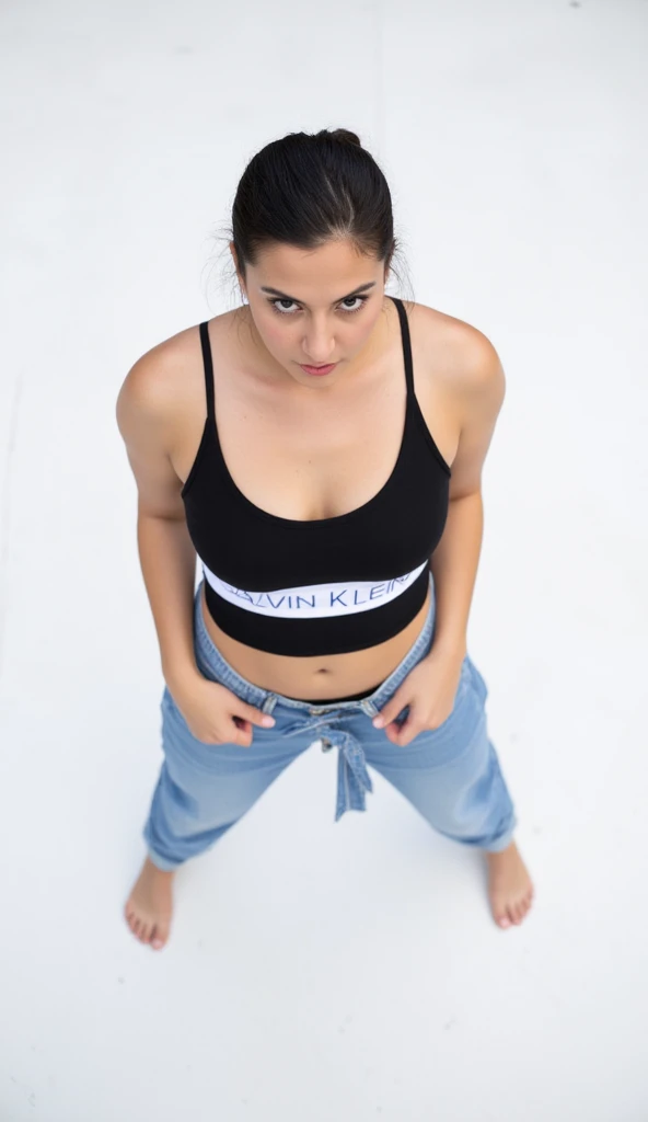 Looks like Kajal Aggarwal,slightly chubby,wearing black boxing gloves,black boxing gloves,boxing ring,sweaty,tired,exhausted,arms raised,both arms up,boxing gloves on both hands, intricate details,dark blue outfit,(ArtStation:1.2),armpits,sweat,sweaty,sweaty armpits,arms up,showing armpits,awesome armpits,eyeroll,blue outfit,blackish blue arm warmers,blue arm bands,blue black arm warmers
