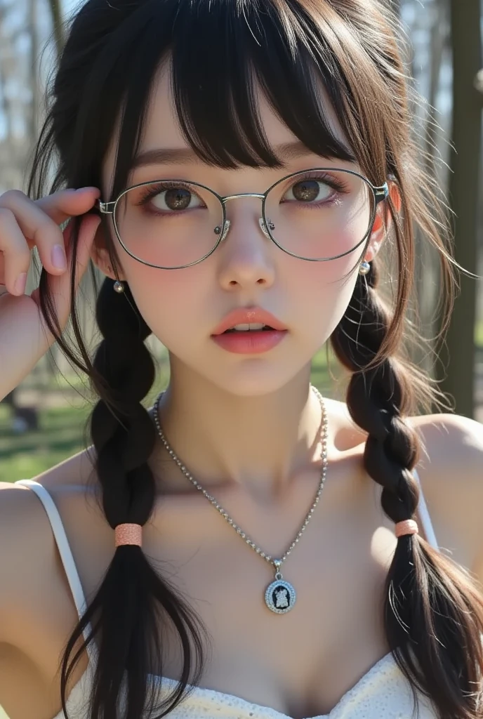 Top image quality、136), (breasted:1.46), (l boobs ipst boobs ,Round face、round glaceride、with round face、beautiful woman with round glasses、40 years、Braids、Eyes open、Sanpaku eyes、bbw、with round faceの美しさ、Crisp eyes、with round face、Tanuki face、Lashes long、beautidful eyes、(wears glasses,Round glasses、丸い艶をかけられたBraids、with round face、black mole between eyebrows、w boobs ideas,Atol Oppa Library), (beautiful flower boobs、