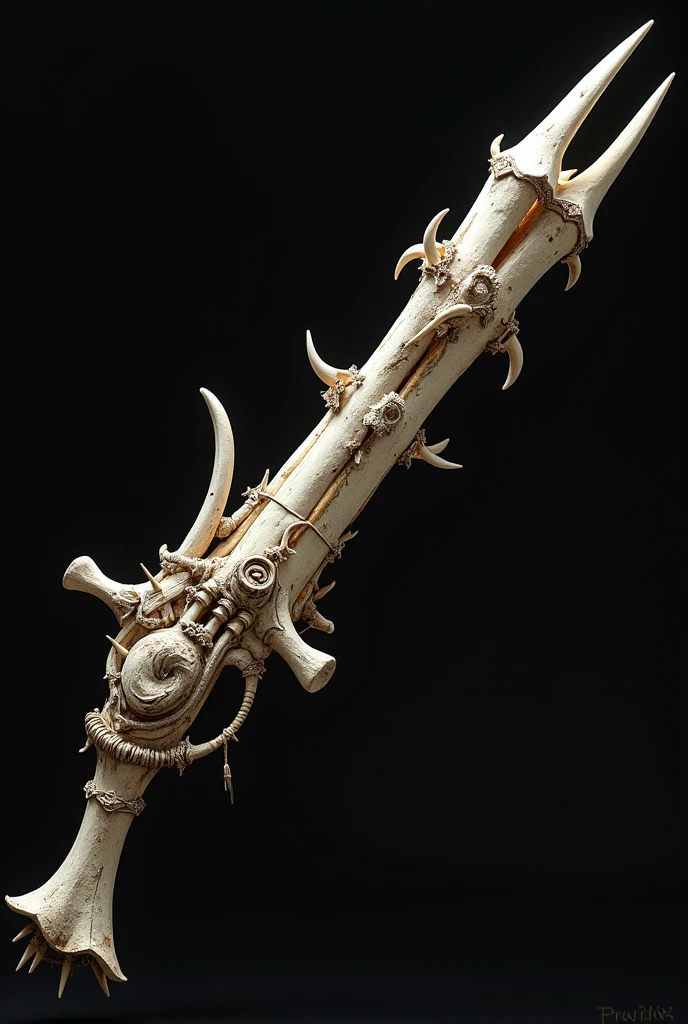 Create a hyper-realistic 4K image of a stylized bone trombone. The trombone should feature intricate carvings and patterns reminiscent of ancient tribal designs. The bone texture should be highly detailed, showing natural wear and age. The sliding sections and other moving parts are adorned with worn leather strips and rustic embellishments. Place the trombone against a backdrop of dark, weathered wood to enhance its ancient, mystical appearance. Use soft, ambient lighting to highlight the carvings and texture of the bone.