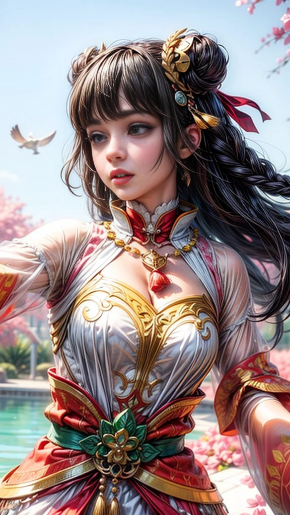 1 heroine, one beautiful princess, In the Dark: 1.6), Surreal Female Portraits by David Hockney and Alphonse Mucha, Fantasy art, Korean Doll, Photorealism, Dynamic Lighting, Art Station, Poster, Volumetric lighting, Highly detailed face, 8K Ultra, whole body, Awards, In the Dark, Deep Shadow, Modest, Cowboy Lens, (Red Phoenix Dress: 1.4), Long Hair, Black Hair, bust, Luxury Palace, Royal Style, Princess Crown, Big round black eyes, Style Royal, The most beautiful face, Large and normal breasts, Ultra-realistic,