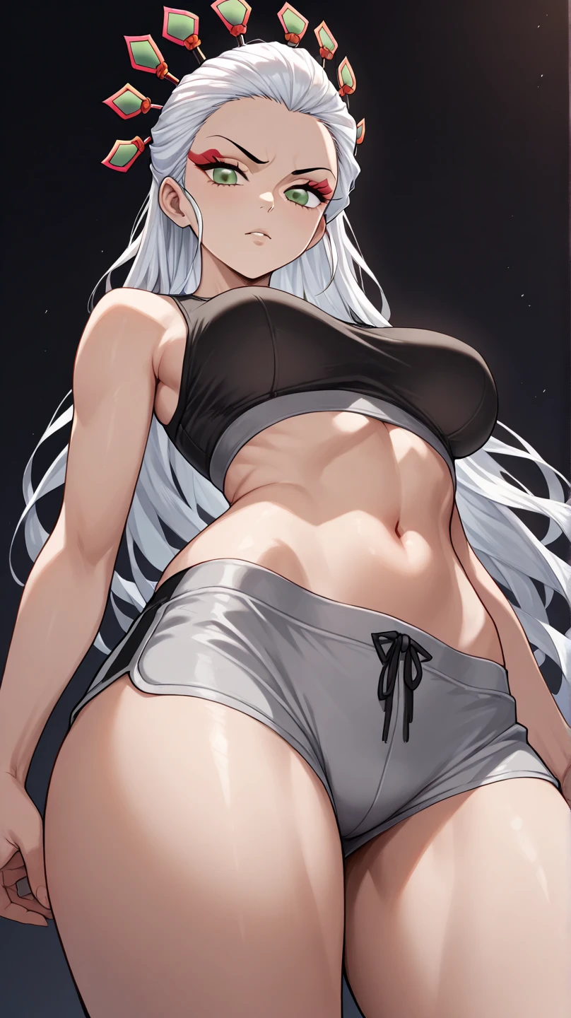 ratatatat74,One Woman, alone,Glowing Skin,Light blue eyes,Very large breasts,Cleavage,Very thick legs,Cowboy Shot,smile,teeth,Pure white hair,straggling hair,Low Ponytail,Black sleeveless vertical sweater,White pants,Place your hands on the back of your head,Show your armpits