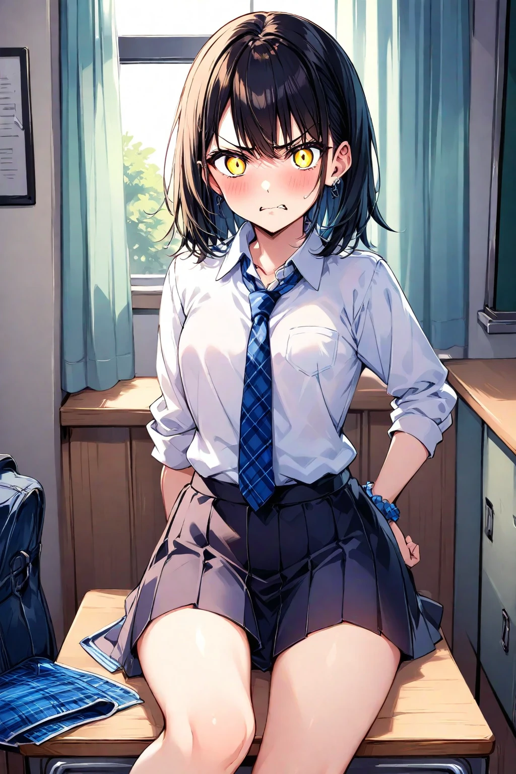 (1 feminine boy solo:1.7),(dark skin:1.5),(masterpiece:1.2), highest quality, High resolution, unity 8k wallpaper, (fine and beautiful eyes:1.6), highly detailed face, perfect lighting, Detailed CG, (perfect hands, perfect ???????),20 years old, (black hair:1.3), detailed eyes, best quality, extremely detailed, very precise detailed, (glasses:1.4), (blunt bangs:1.5), (open mouth:1.2), (short hair:1.5), (evil smile:1.4), , (half closed eyes:1.3) ,long sidelocks, (blush:1.3),(sit on desk:1.3),(Put left knee in front:1.5),(boy's school uniform long pant:1.5),(loosen necktie:1.2),spread legs,knee bend,open shirt