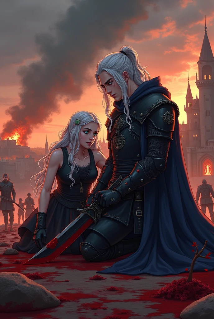 Evil Couple, after fight, blood everywhere, Tired, Ripped clothes, damaged armor, Evil, glowing red eyes, Smirk, in the battlefield, Arab features, scar on eyes, Messed up hair, a Targaryen and a Lannister