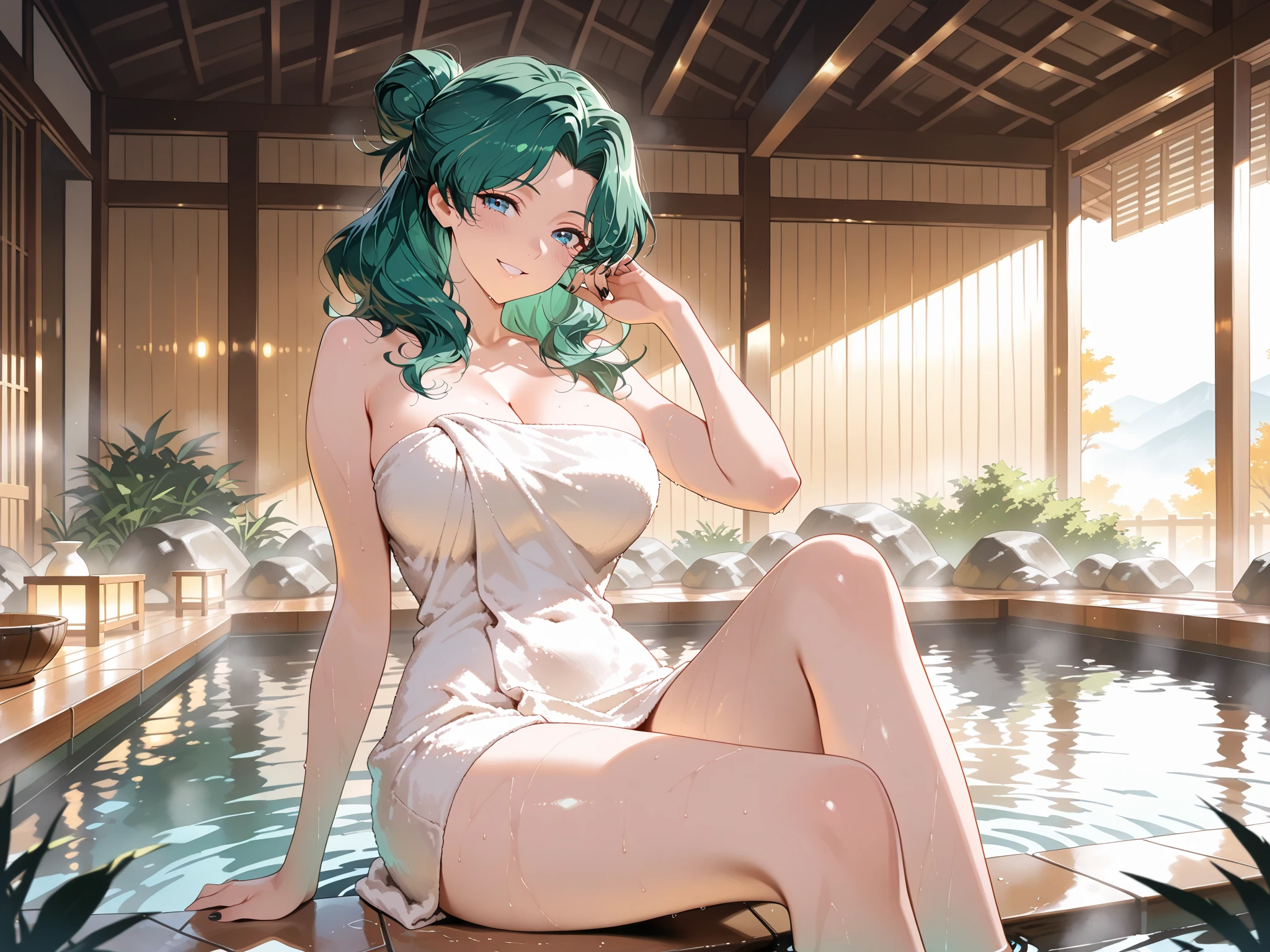 Tabletop, highest quality,shape, wallpaper, Very detailed, Absurd beauty、1 beautiful girl、 Painted、Pink Hair、Medium Hair、Wavy Hair、Very ample breasts、(((Large hot spring、Emerald green water surface、bathing、Leaves floating)))、(((Amazing night view)))、blush、((Wrapped in a towel))