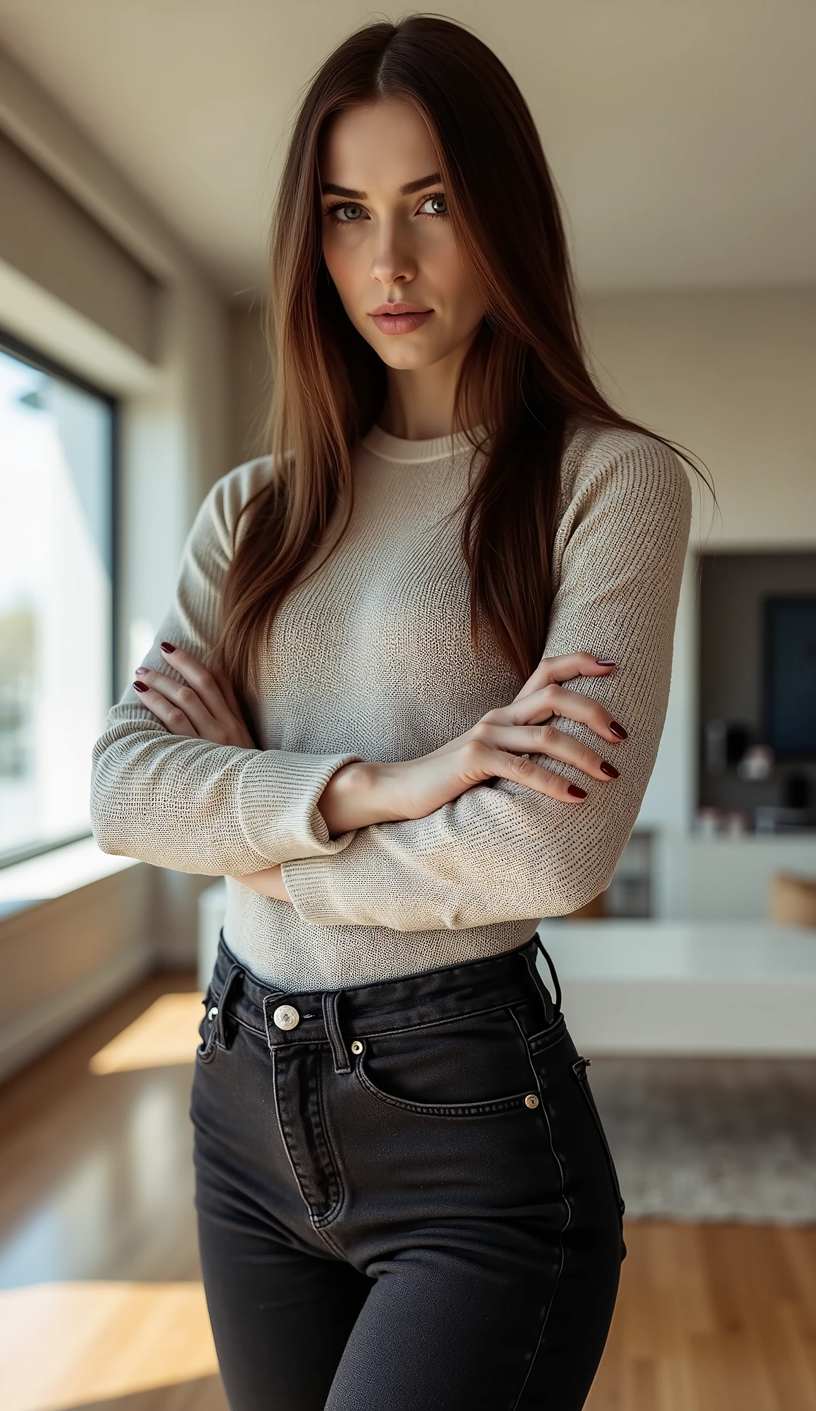 tgnd,russian woman,RSGRL, photoreal, ultra-detailed, 8k, masterpiece, realistic photograph, full-body shot, full body visible, white European woman in her 30s, pale skin, long straight brown hair, middle part, thick dark arched eyebrows, sharp prominent cupid’s bow, very subtle nude lipstick, dramatic dark eyeliner, almond-shaped piercing icy blue eyes, cold intense gaze, looking directly at viewer, head slightly tilted down, eyes looking up, strong eye contact, dominant stance, commanding aura, self-possessed, confident and assertive body language, hands on hips or crossed arms, one leg slightly forward, weight shifted to one side, wearing tight dark grey skinny high-waisted jeans, tight knitted fitted sweatshirt, modern living room interior, standing on hard wood floor, daylight from side windows, highly detailed fabric and leather texture, high detail skin texture, subtle skin pores, low camera angle, DSLR photo, shallow depth of field, cinematic soft lighting, background slightly blurred, dramatic presence, magnetic charisma