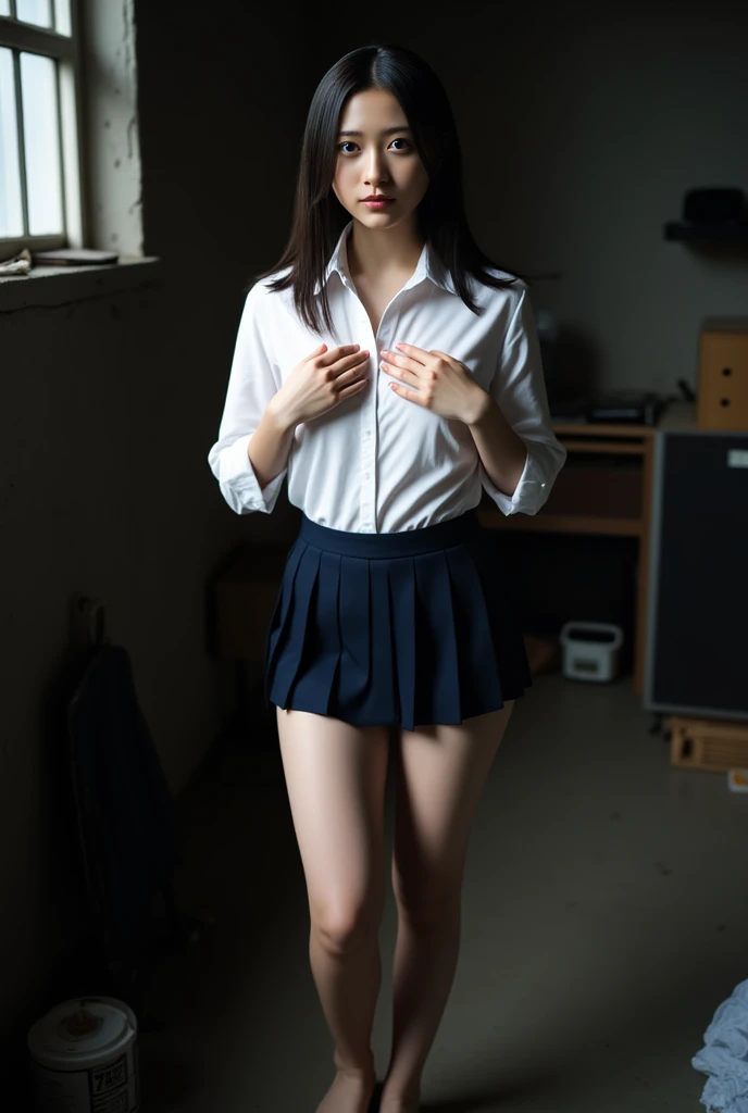 (masterpiece:1.2, highest quality), (realistic, photorealistic:1.4), beautiful illustrations, (natural side lighting, movie lighting), 
looking at the viewer, cowboy shot, Front view:0.6, 1 girl, Japanese, high school girl, perfect face, Cute symmetrical face, shiny skin, 
(middle hair:1.8, straight hair:1.7, brown hair), asymmetrical bangs, gold eyes, (big breasts:1.1, thick thighs), 
beautiful hair, beautiful face, detailed and beautiful eyes, beautiful clavicle, beautiful body, beautiful breasts, beautiful thighs, beautiful feet, 
((light blue collared shirt, Navy pleated mini skirt, socks, navy them, navy vest, white stockings)), pink panties, 
(beautiful scenery), evening, street, vibrator in thigh high socks, (lift the skirt yourself, ), (dildo under clothes),
((embarrassed face、ecstasy、)), ((wet body))、((bathed in sexual fluids))、lust、Masturbation on display、Japanese actress face、Beauty、beautiful woman、Plump body、plump thighs、big butt、48 years old、woman