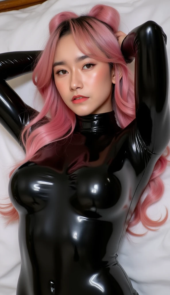 nsfw、sexy asian fashion model、glossy lipstick、smiling face、defined eyebrows、ultra detailed drama makeup、long lashes、full body Esbian、ultra detailed latex business dress（neon pink）、latex choker、latex bracelets、Colorful hair