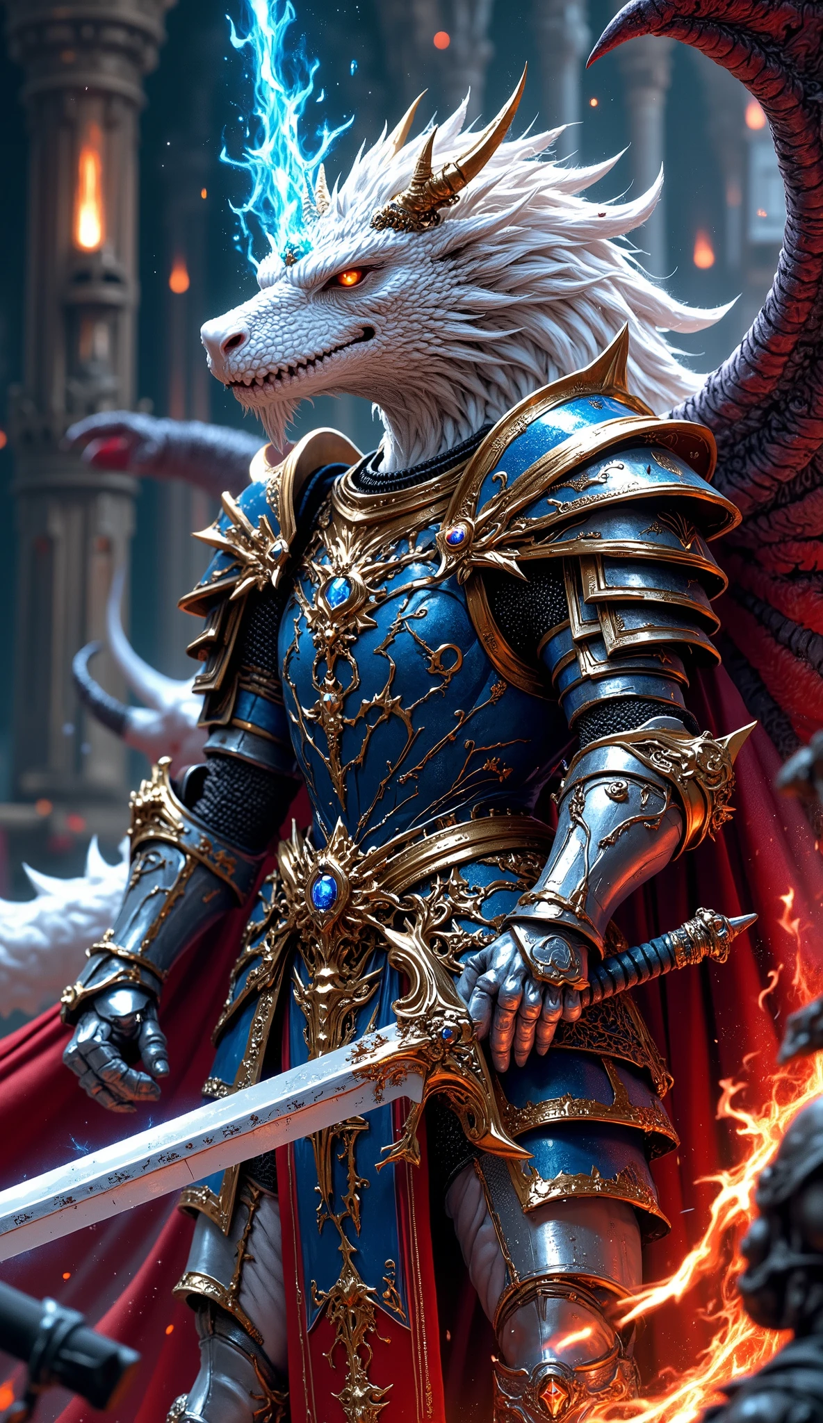 ((white sword with white sword excalibur emitting a sacred blue aura in his right hand The Knight、battle scene with dark magic:1.9)), (A white white dragon knight wearing beautiful blue and gold armor, blue armor has a golden amulet decoration on the edge, A young female knight wearing beautiful red and golden armor, A masterpiece of the highest quality, 8k, blue full armor with golden amulet decorations, white dragon knight with beautiful blue and gold armor, Holy Sword The white dragon knight with a pure white body and dazzling scales、blue shoulders also has a golden amulet decoration on the edge), (Red and golden shoulder pads、A red, three-eyed demon with a large, dark green body、demon with red fire and dark magic, standing in front of a knight), (he has a shield with a blue shining crystal embedded in the center of the golden sculpture of the amulet in his left hand {x} a dynamic and dynamic battle scene where the scales shining brightly with the white body, white dragon knight's holy sword, Excalibur slashes the devil's body、Over the devil's back:1.9), (portrait in front of him:1.9), ((anatomically accurate portrait)),